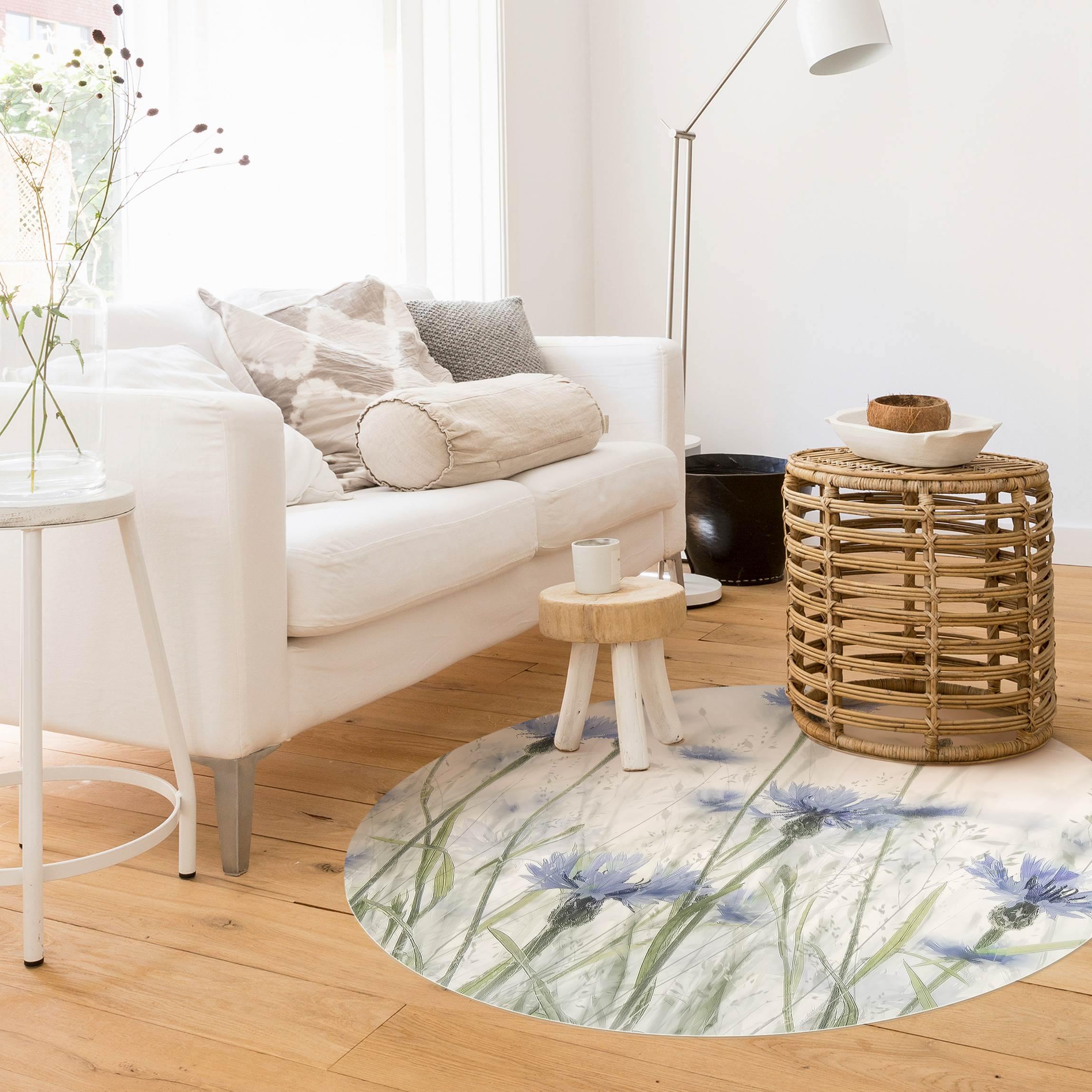 Runder Vinyl-Teppich Kornblumen und Gräser im Feld