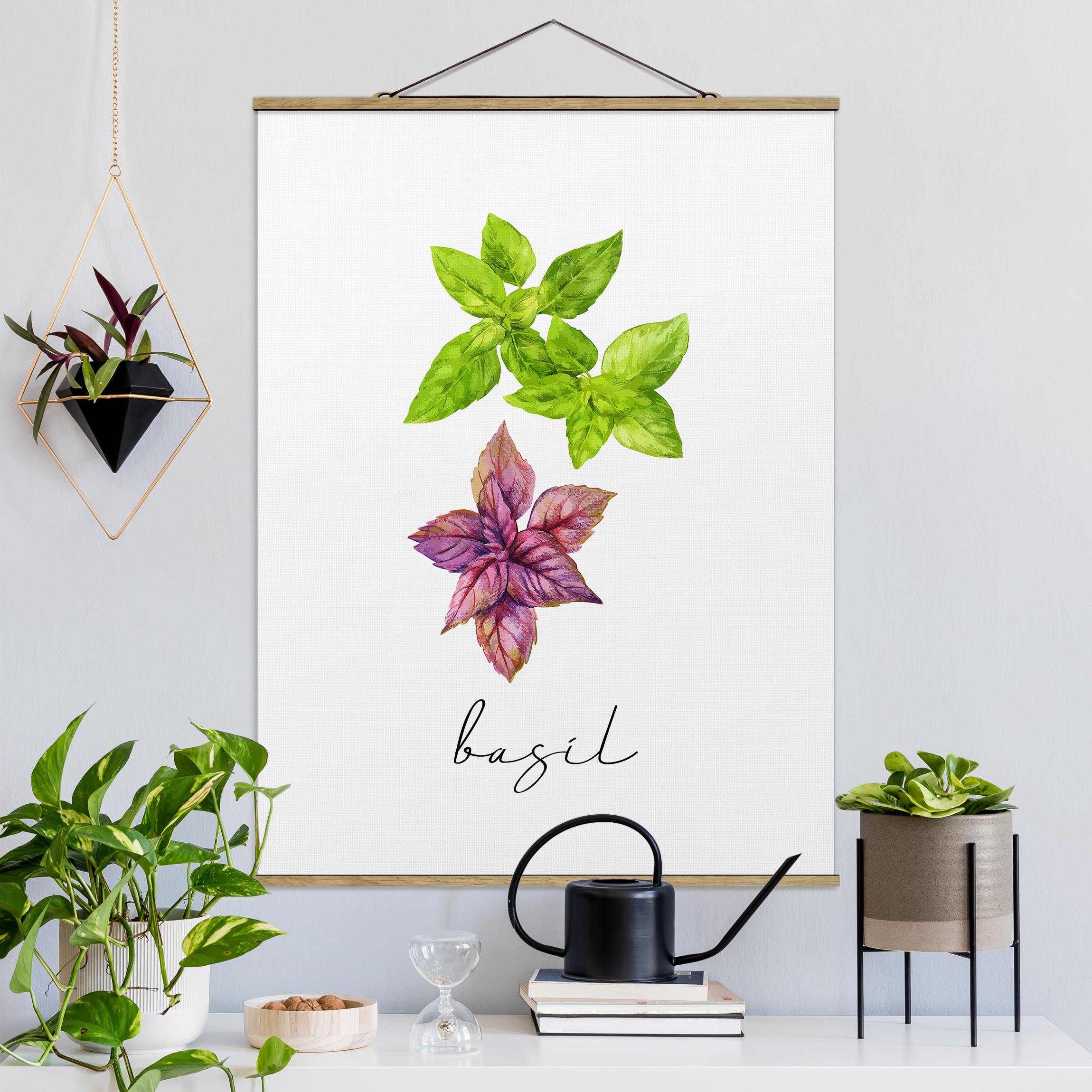 Stoffbild mit Posterleisten Kräuter Illustration Basilikum
