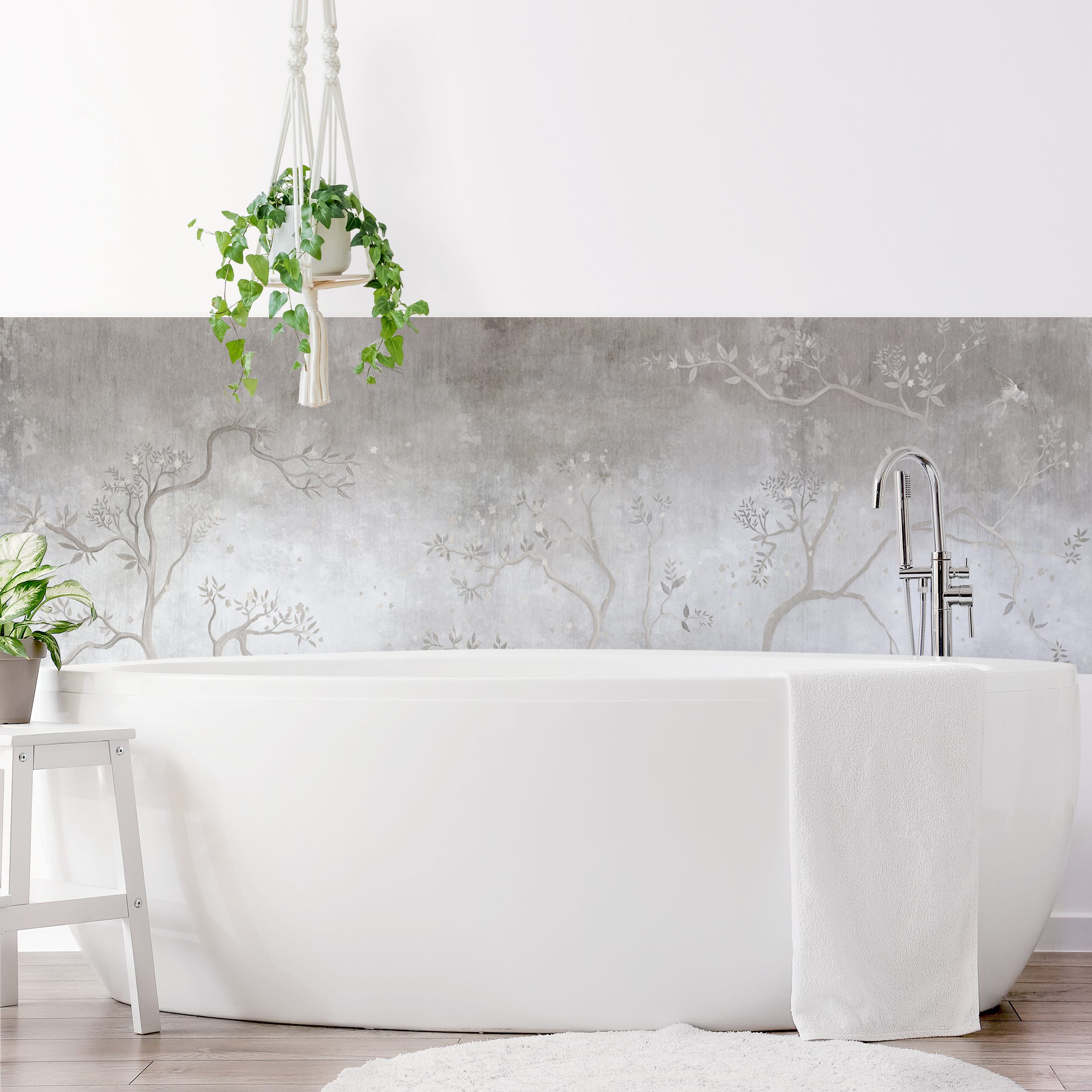 Wandverkleidung Bad Kraniche auf Waldlichtung