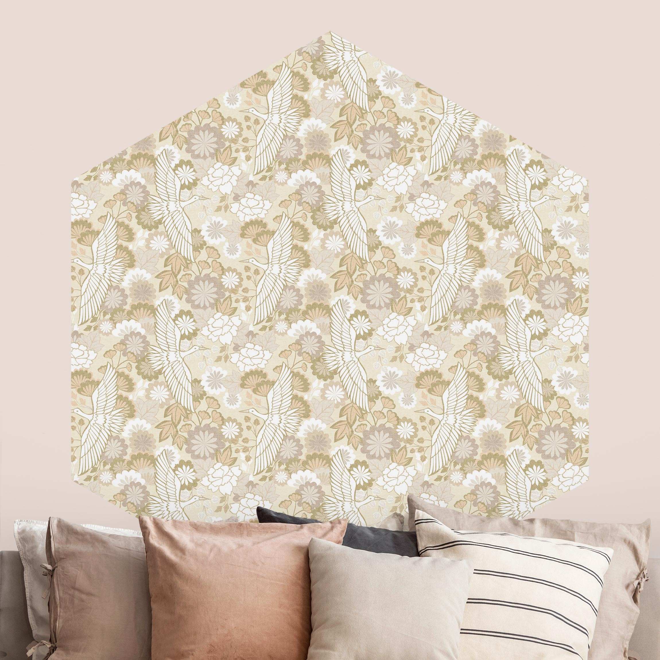 Hexagon Tapete selbstklebend Kraniche und Chrysanthemen Beige