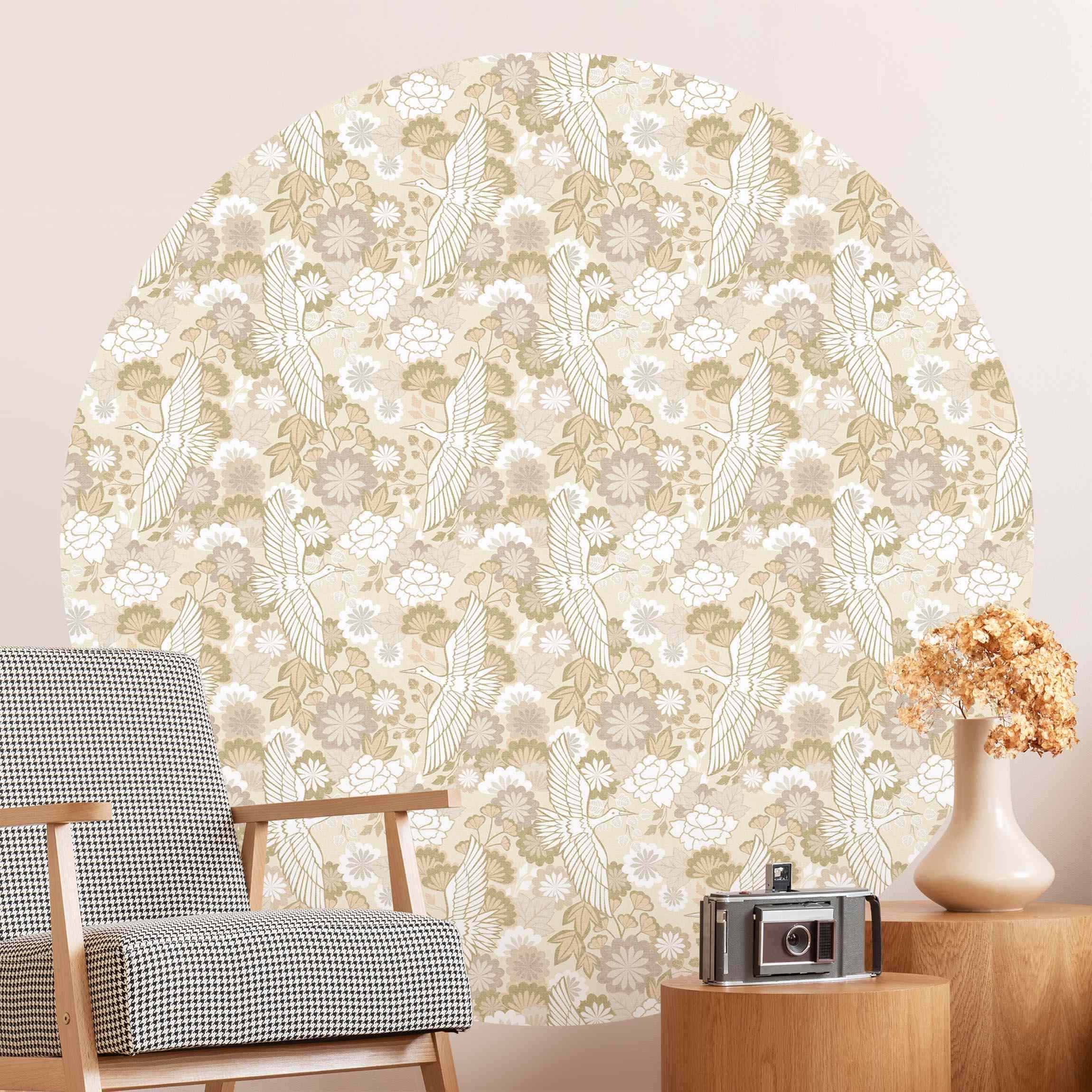Runde Tapete selbstklebend Kraniche und Chrysanthemen Beige