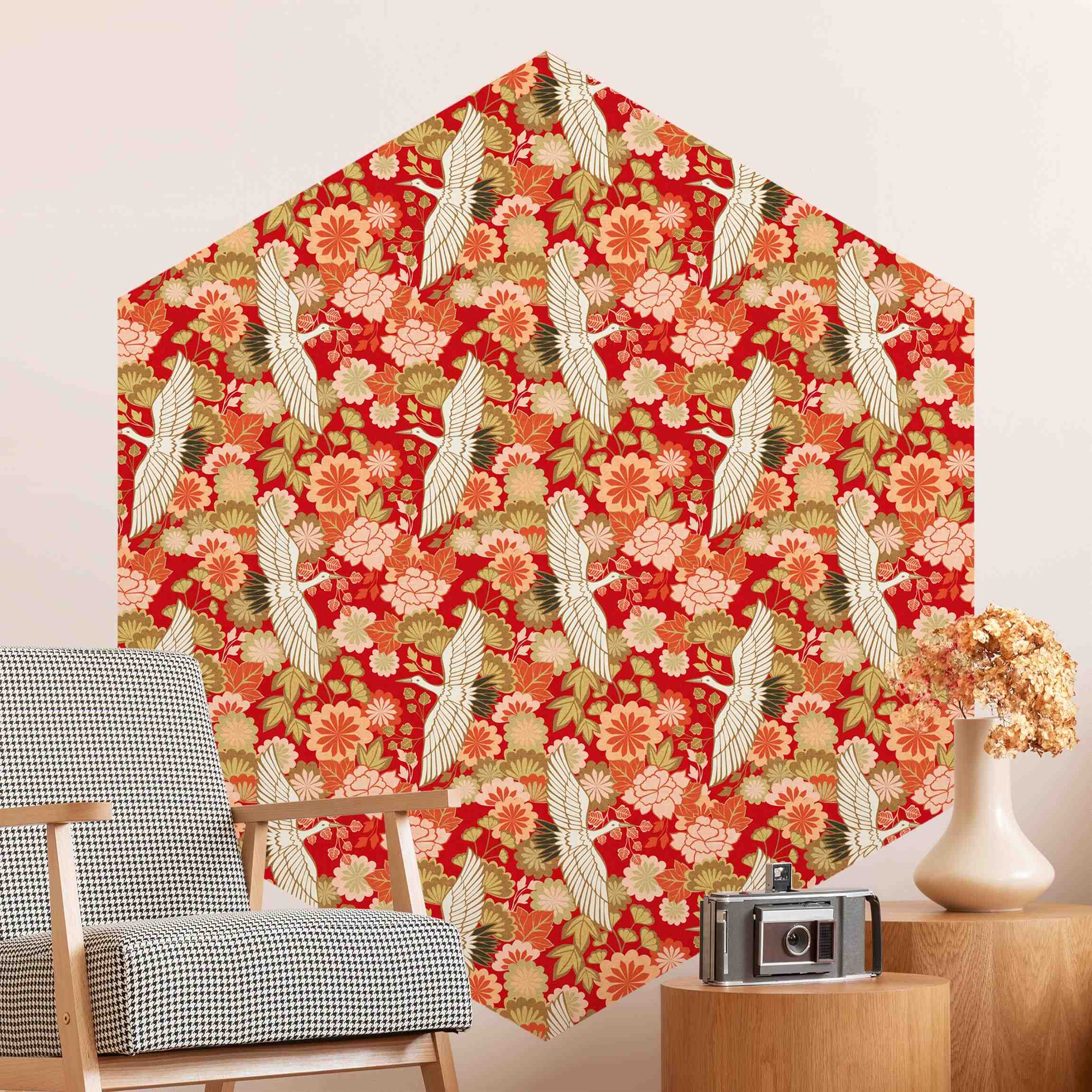 Hexagon Tapete selbstklebend Kraniche und Chrysanthemen Rot