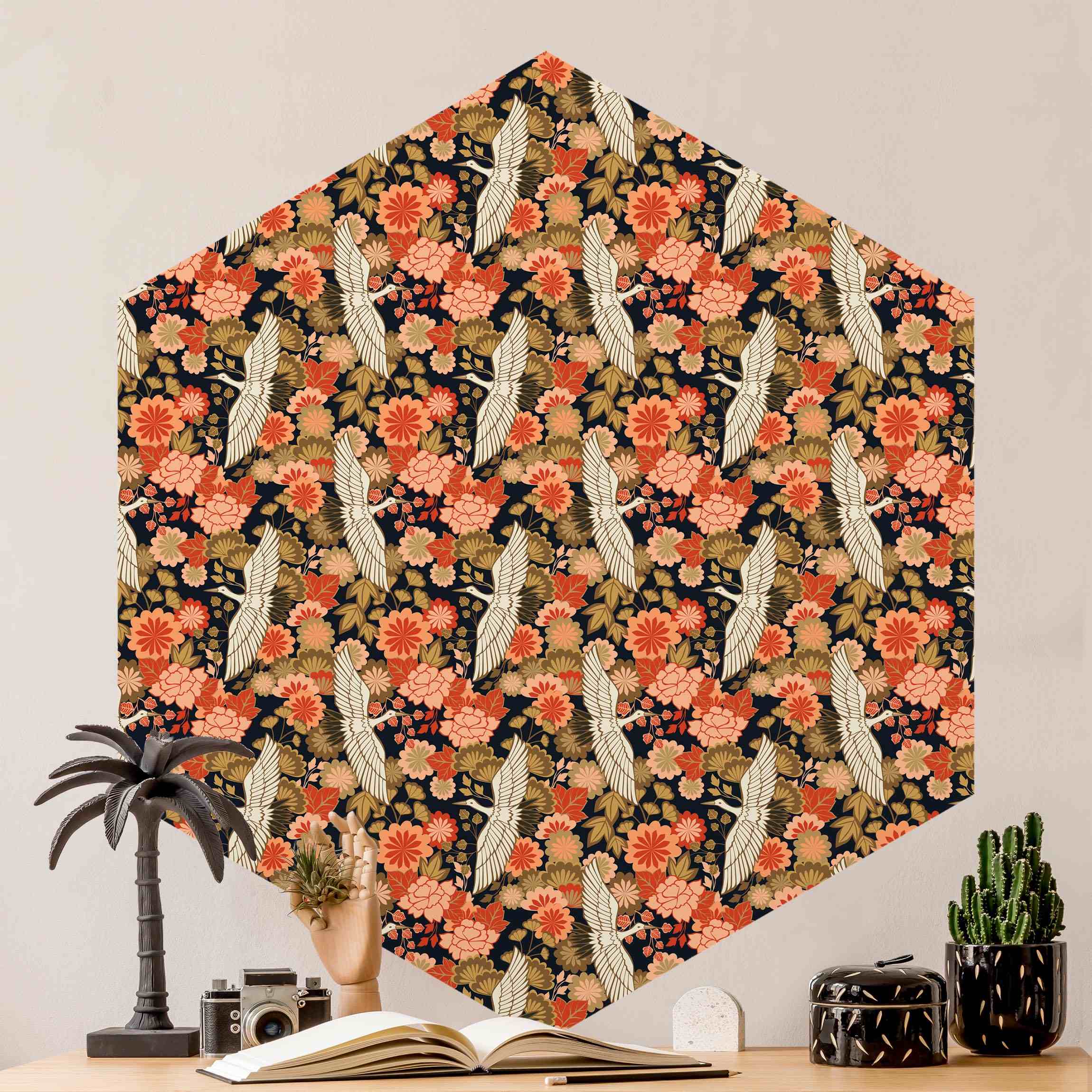 Hexagon Tapete selbstklebend Kraniche und Chrysanthemen Schwarz