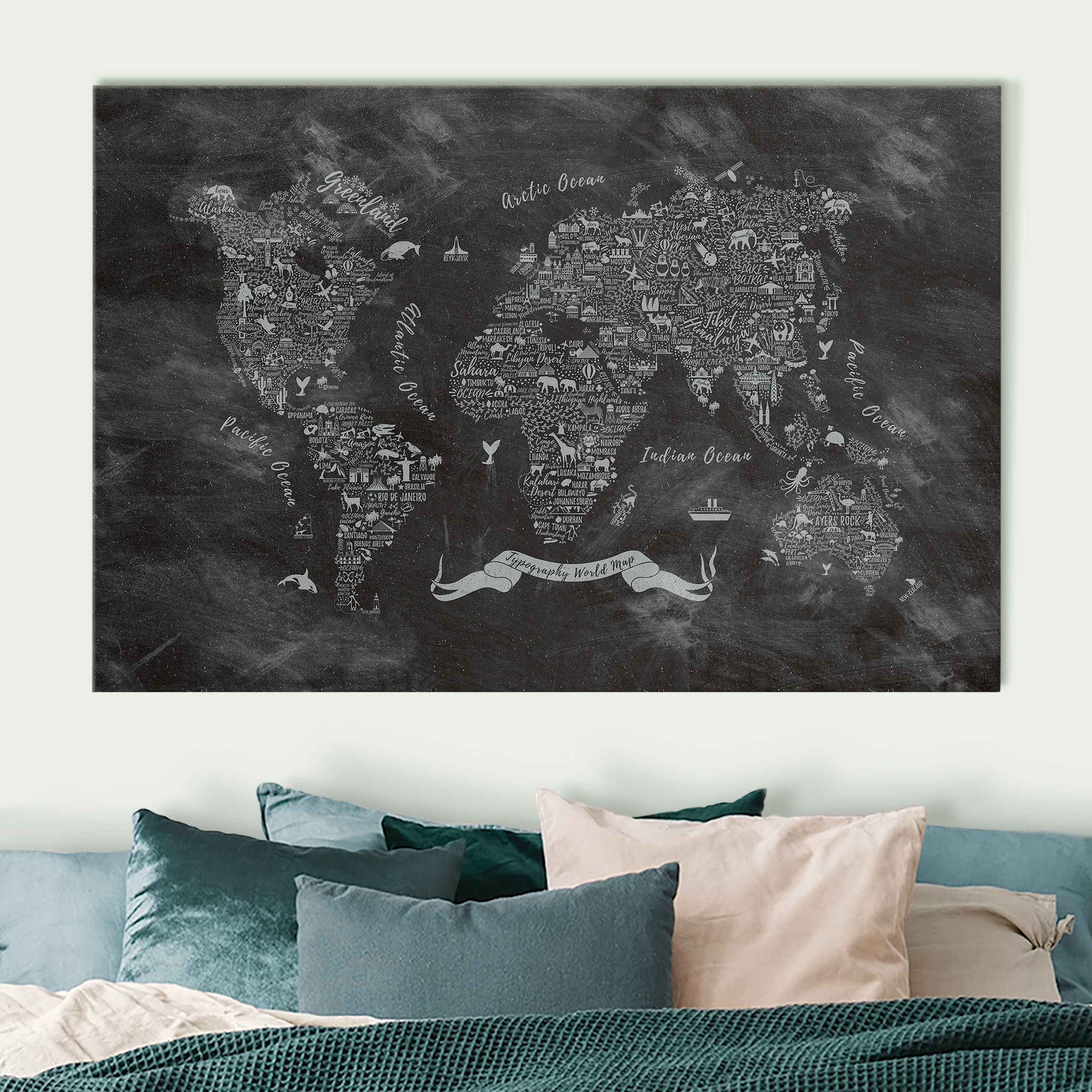 Akustikbild Kreide Typografie Weltkarte