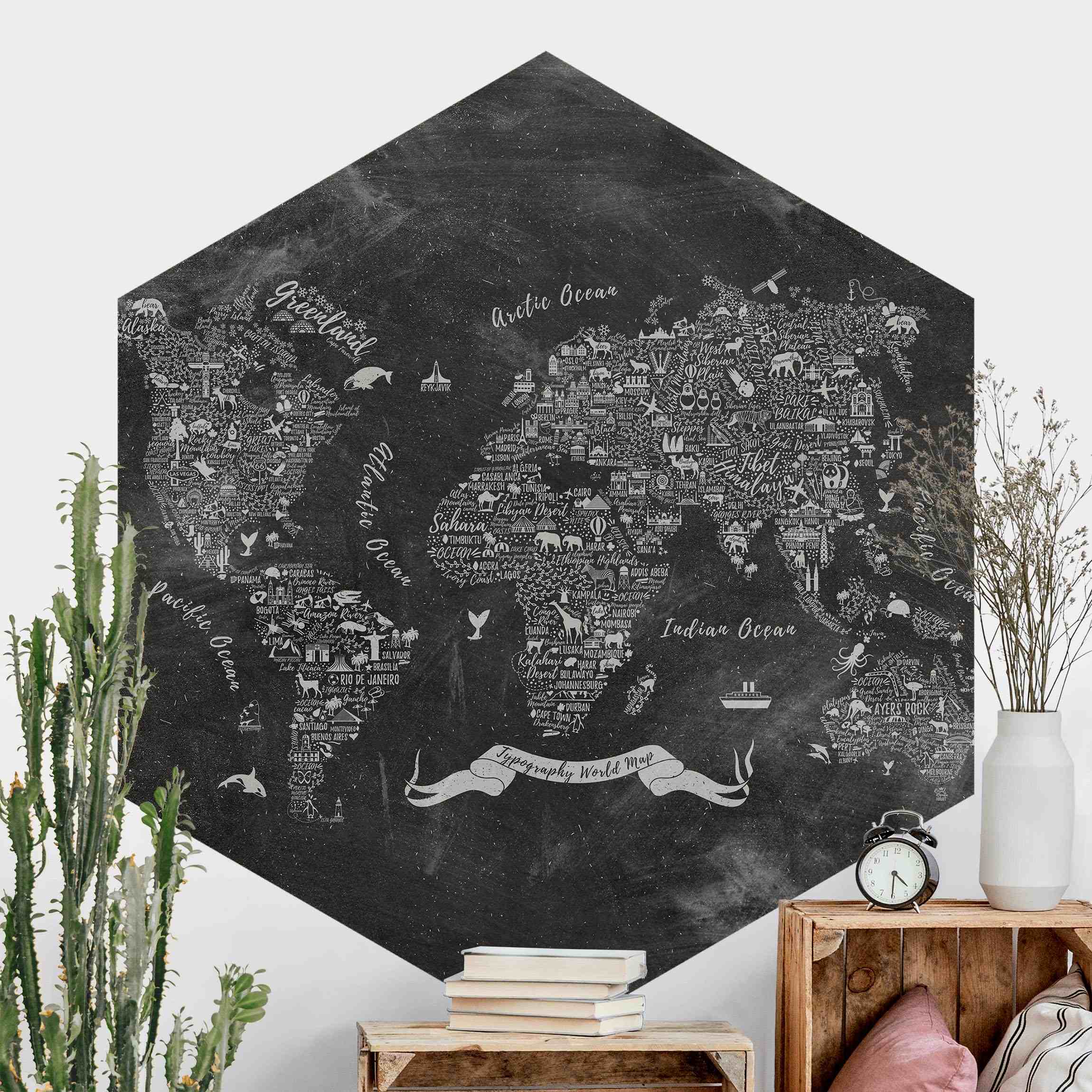 Hexagon Fototapete Kreide Typografie Weltkarte