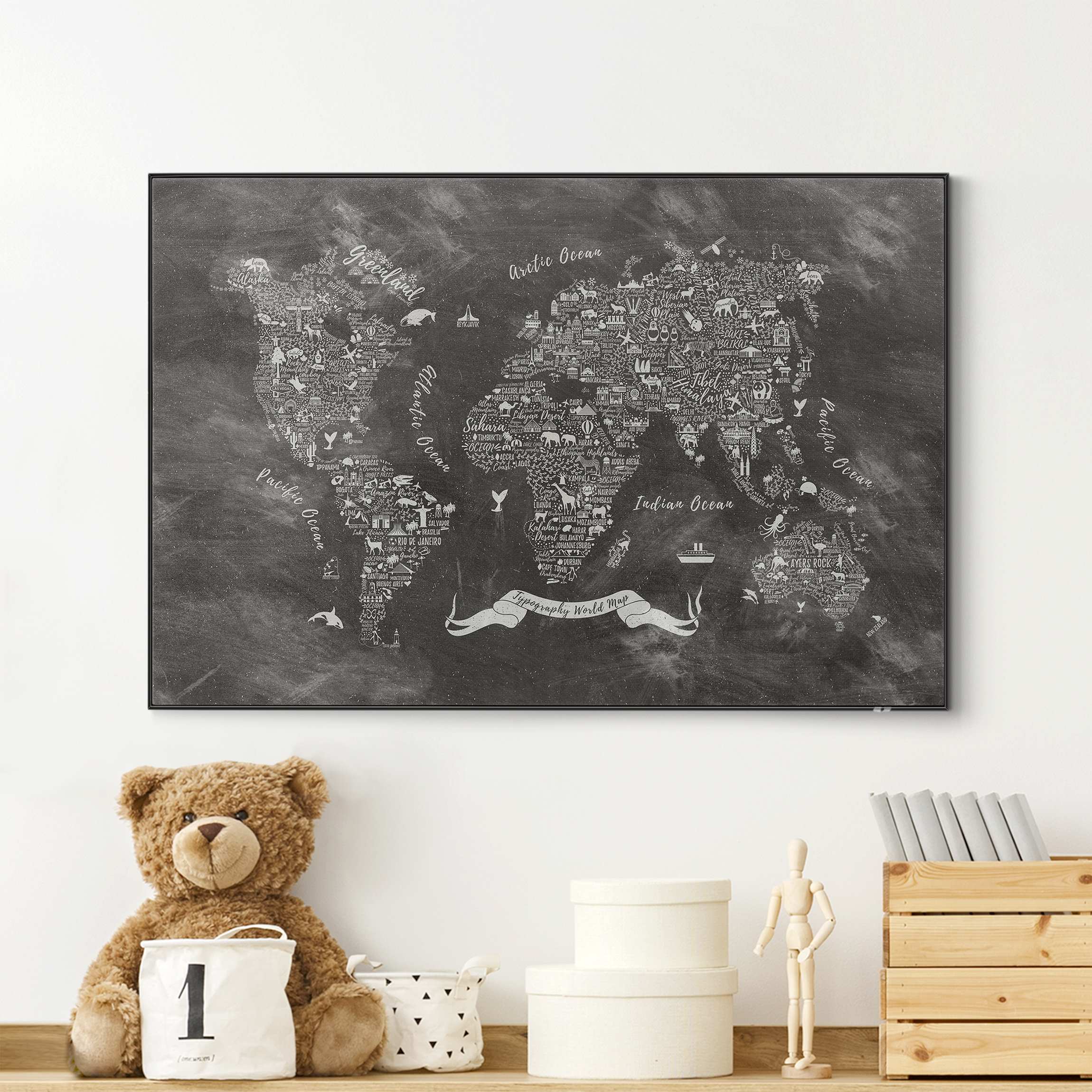 Wechselbild Kreide Typografie Weltkarte