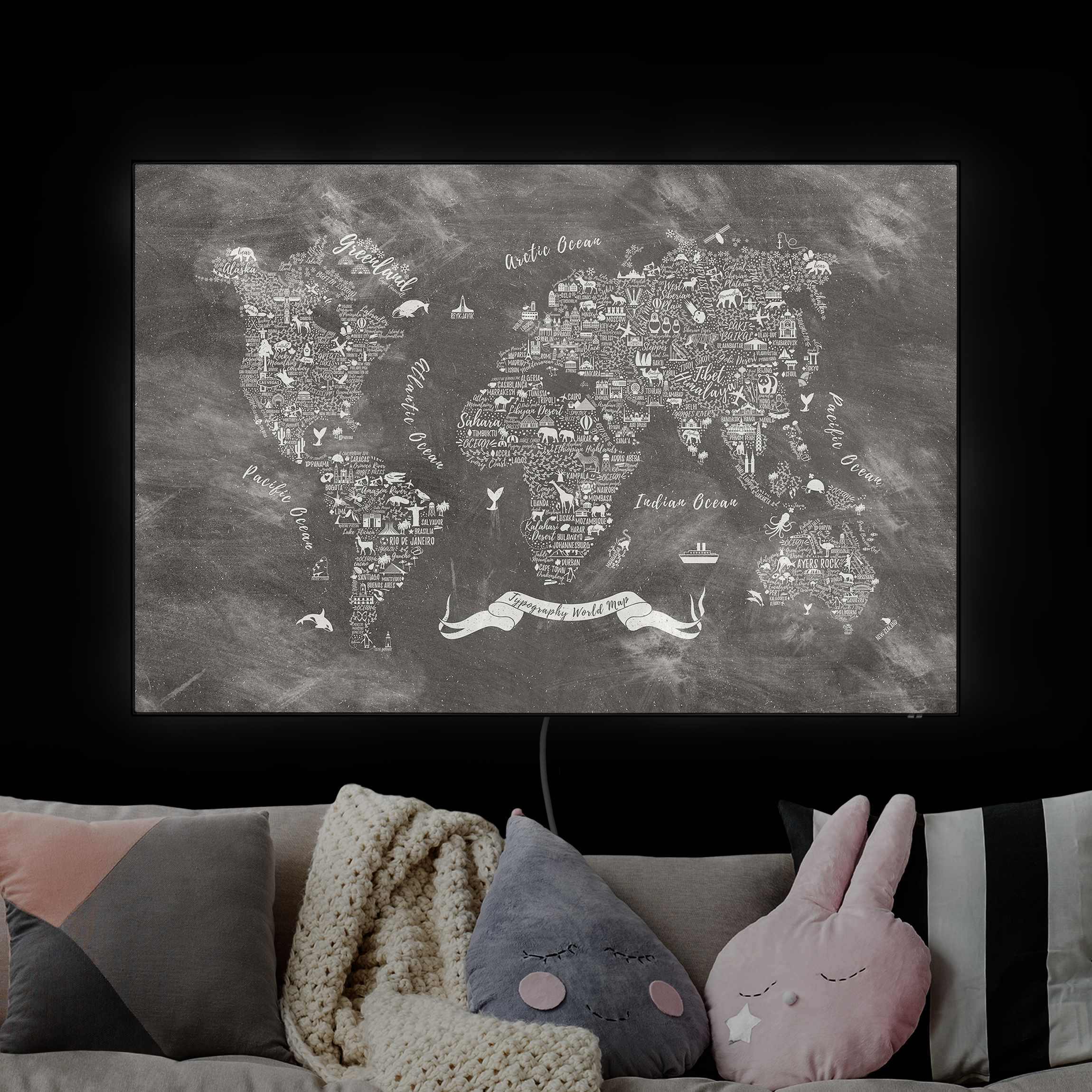 LED-Wechselbild Kreide Typografie Weltkarte