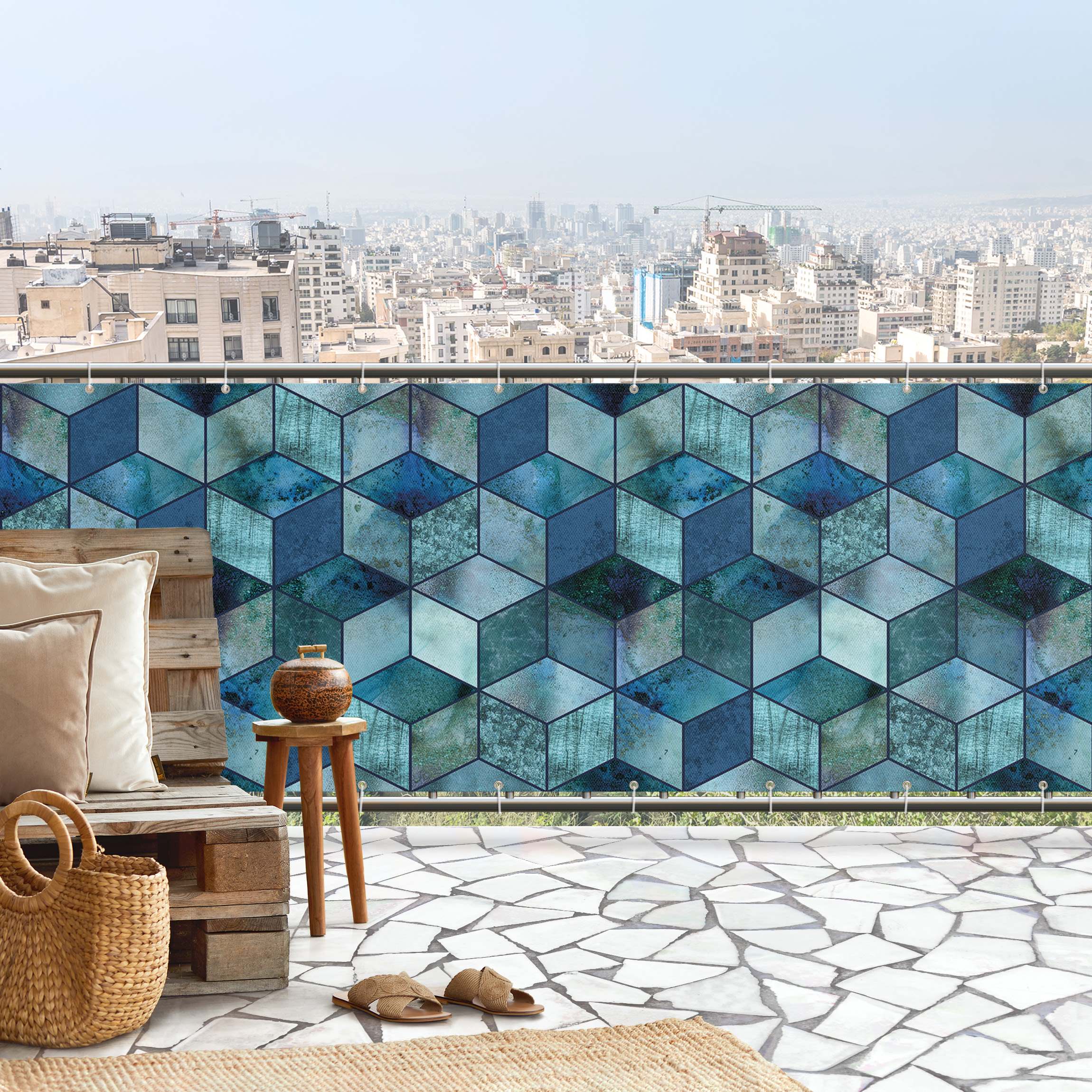 Balkon Sichtschutz Kristallblaues Würfelmuster
