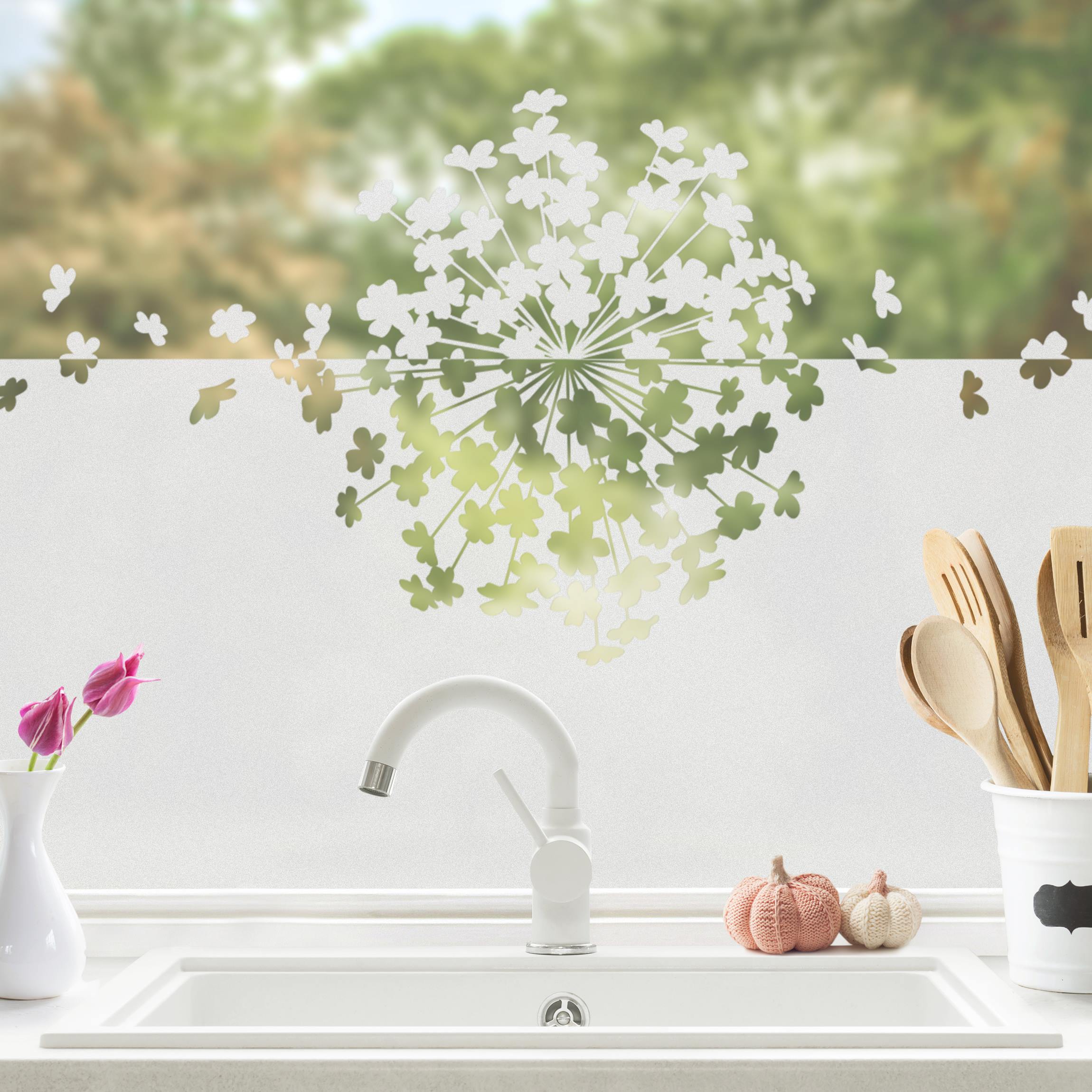 Fensterfolie Sichtschutz Kugelblume Blütenflug Bordüre