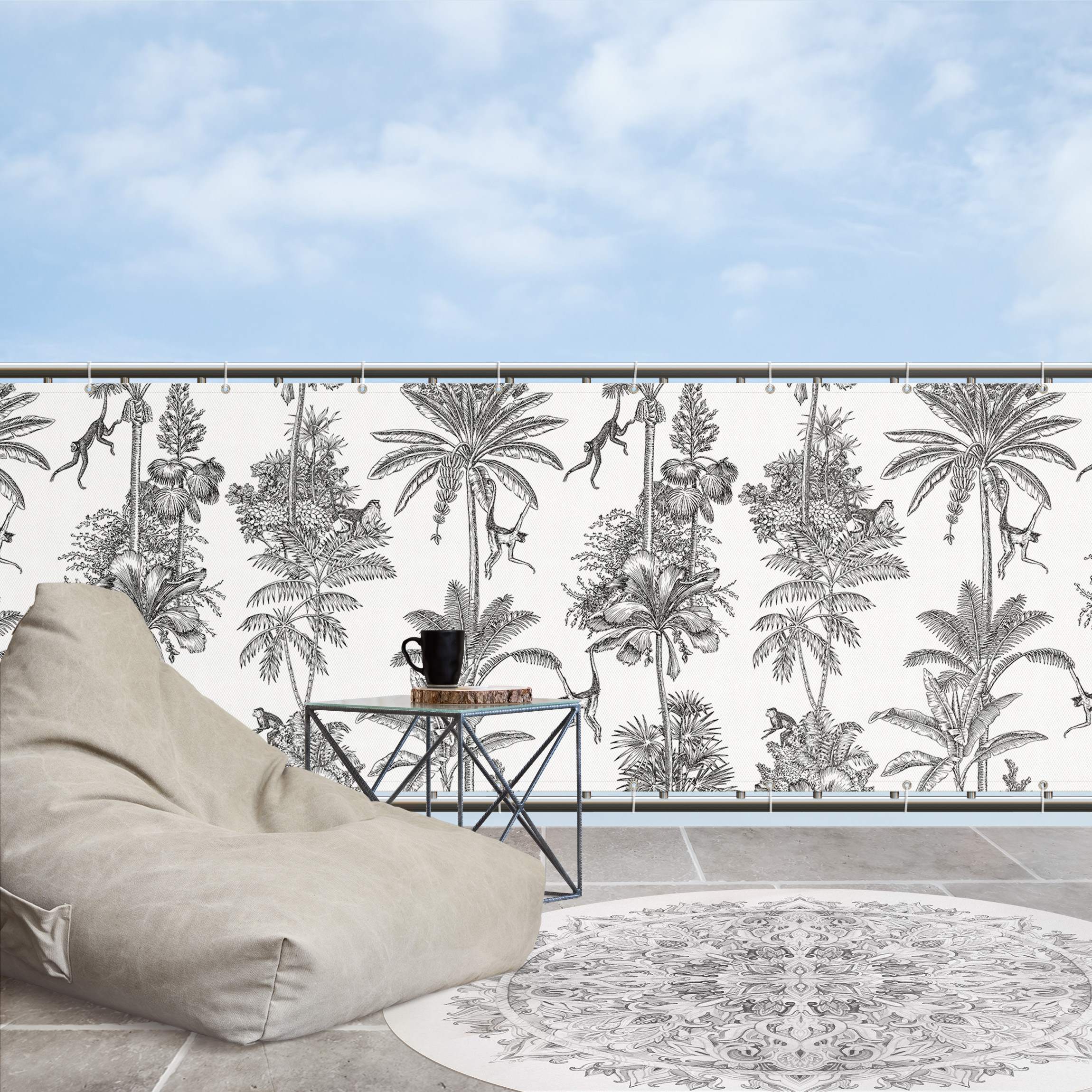 Balkon Sichtschutz Kupferstichanmutung - Affen in Schwarz