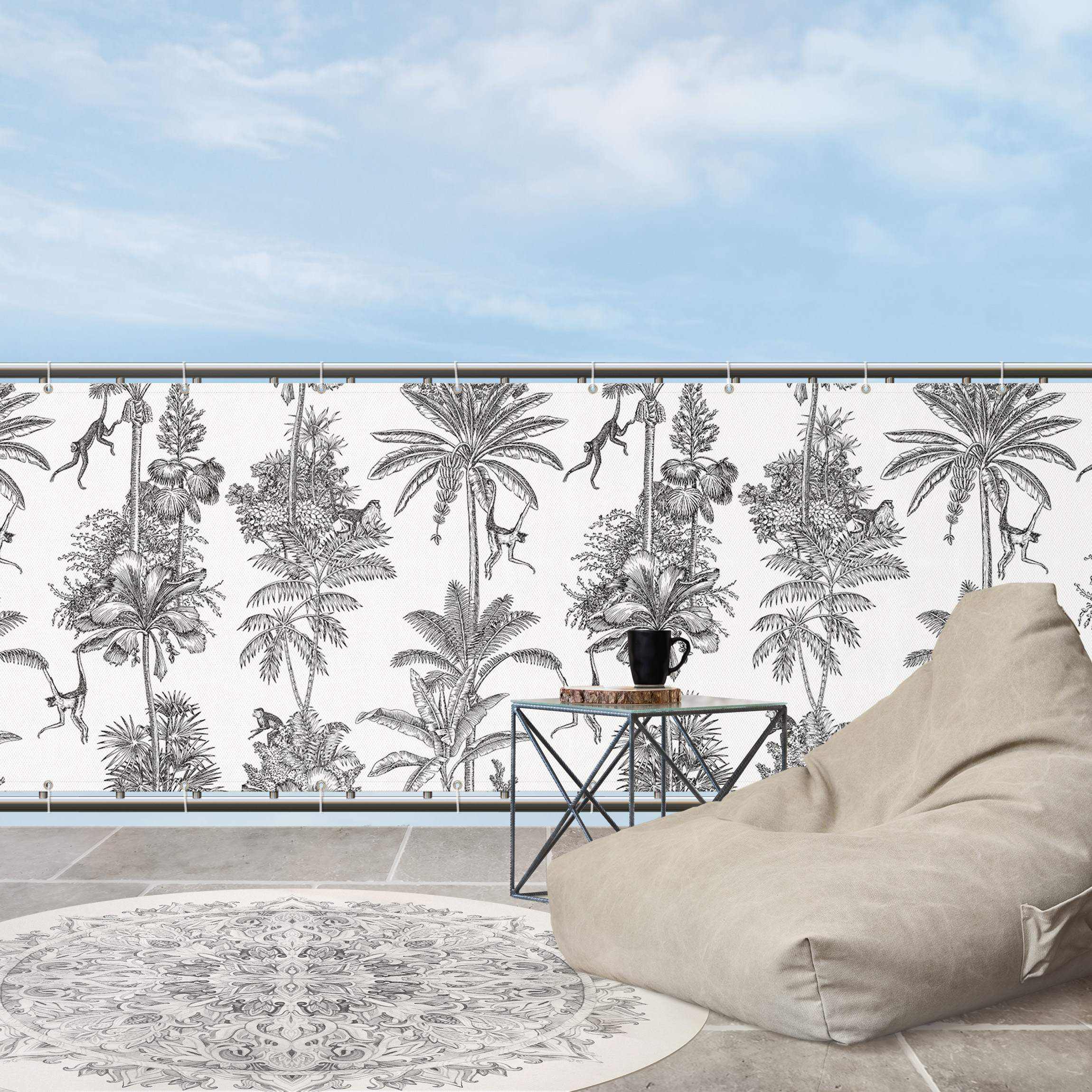 Balkon Sichtschutz Kupferstichanmutung - Affen in Schwarz