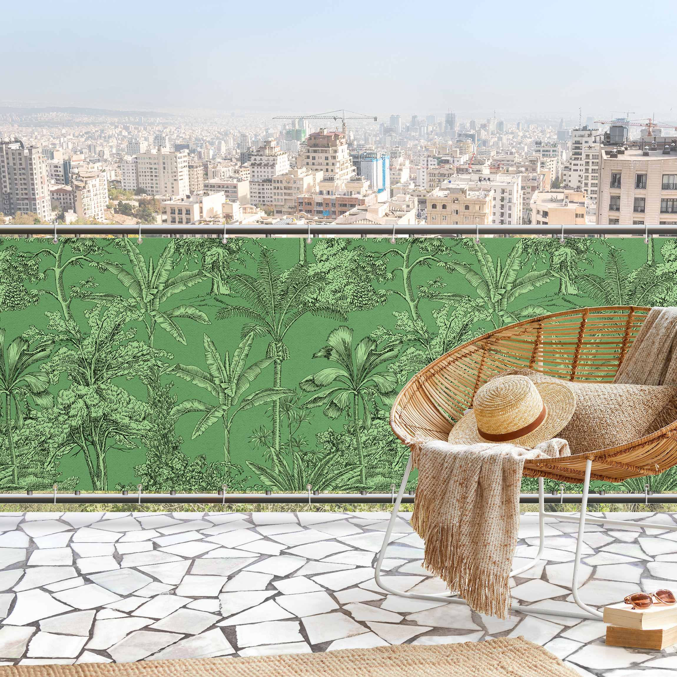 Balkon Sichtschutz Kupferstichanmutung - Tropische Palmen in Grün