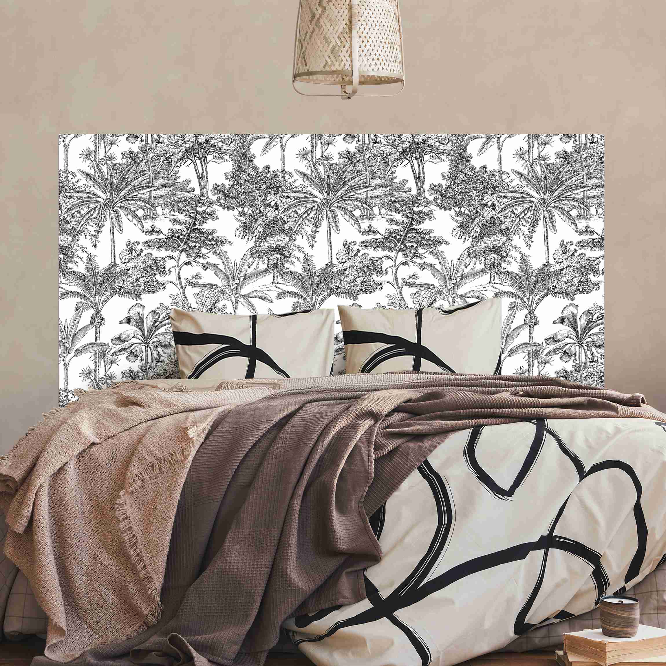 Kopfteil Bett Kupferstichanmutung - Tropische Palmen