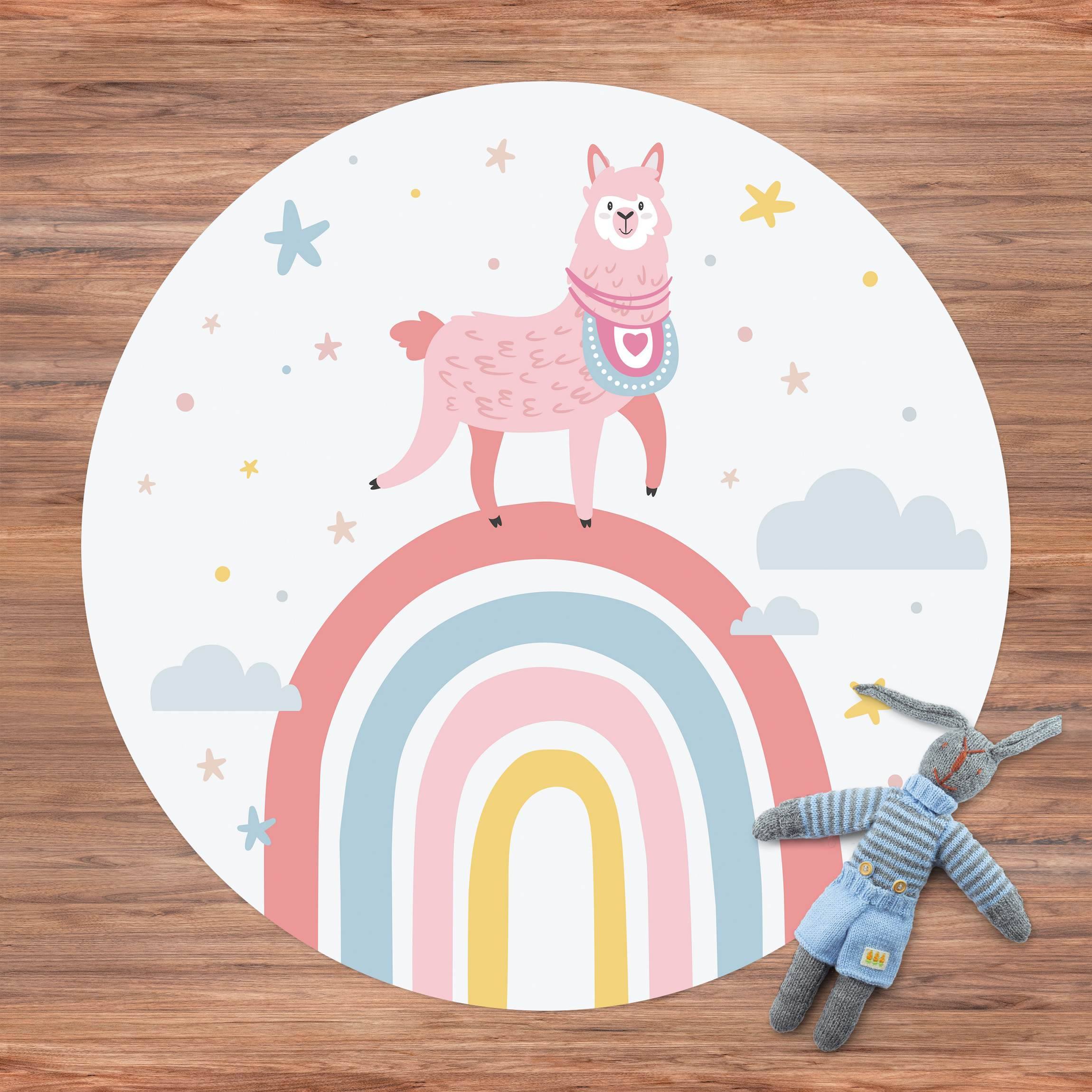 Runder Vinyl-Teppich Lama auf Regenbogen mit Sternen und Pünktchen
