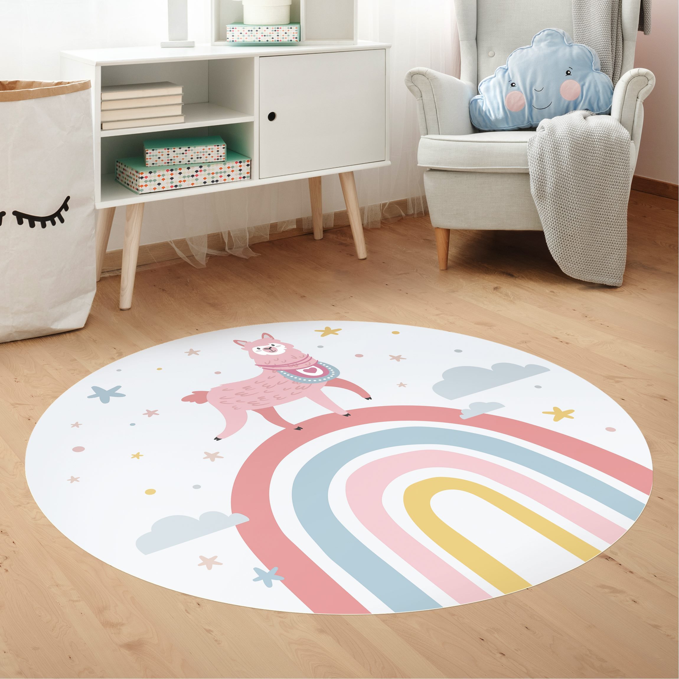Runder Vinyl-Teppich Lama auf Regenbogen mit Sternen und Pünktchen