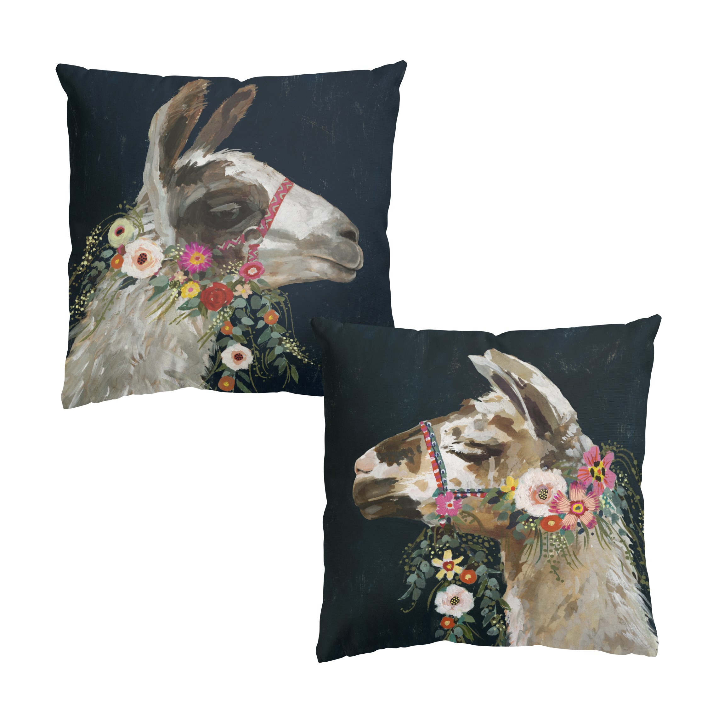 Dekokissen 2er Set Lama mit Blumenschmuck Set I