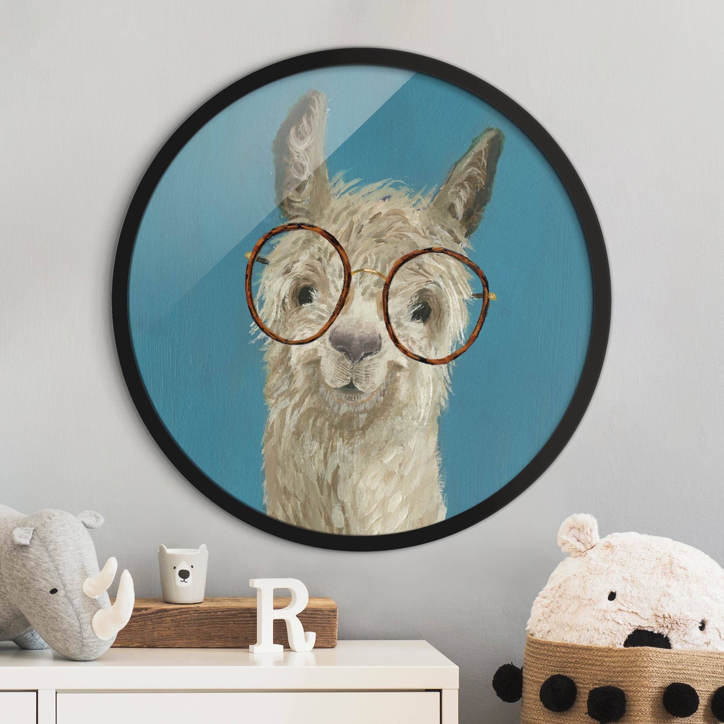 Rundes Gerahmtes Bild Lama mit Brille I