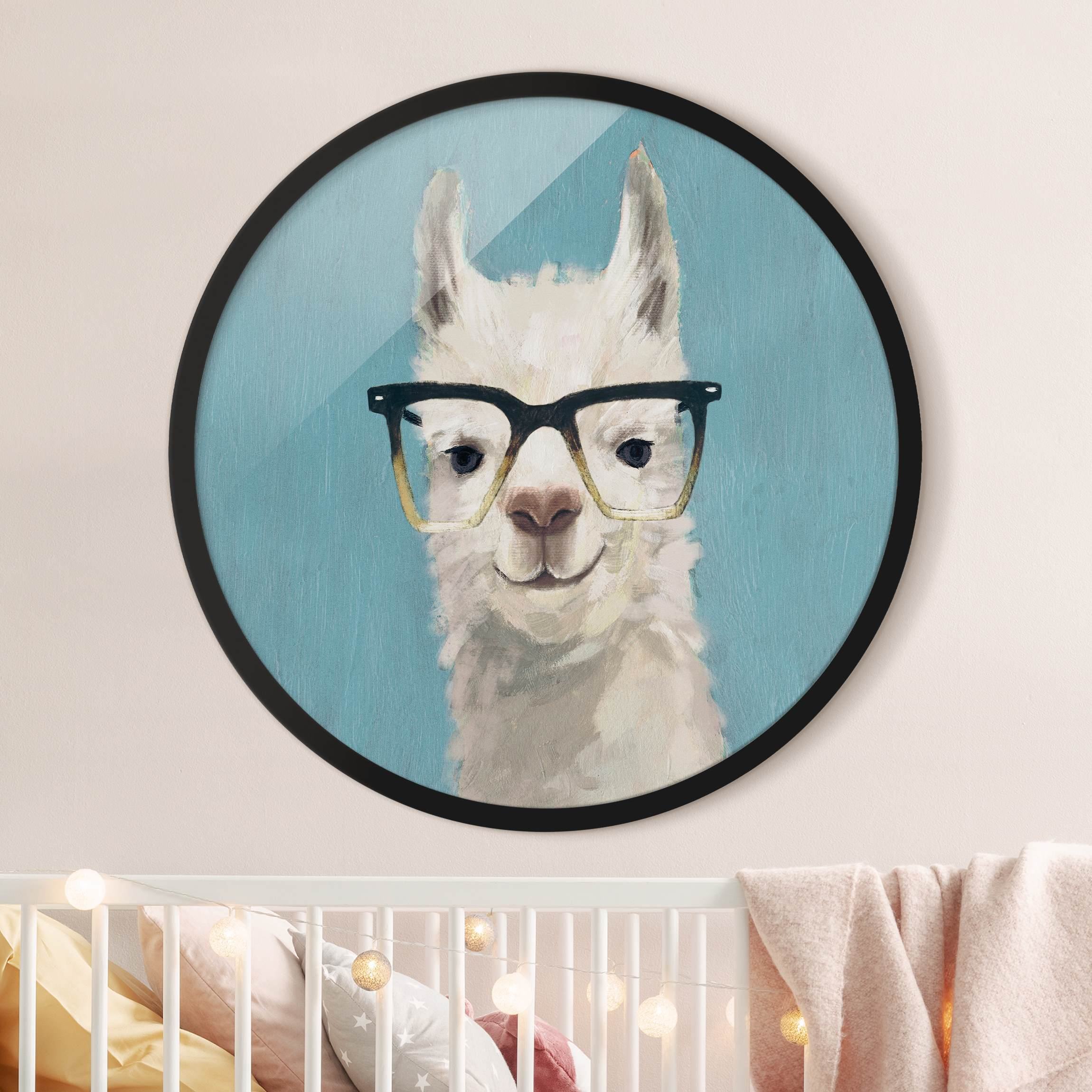 Rundes Gerahmtes Bild Lama mit Brille IV