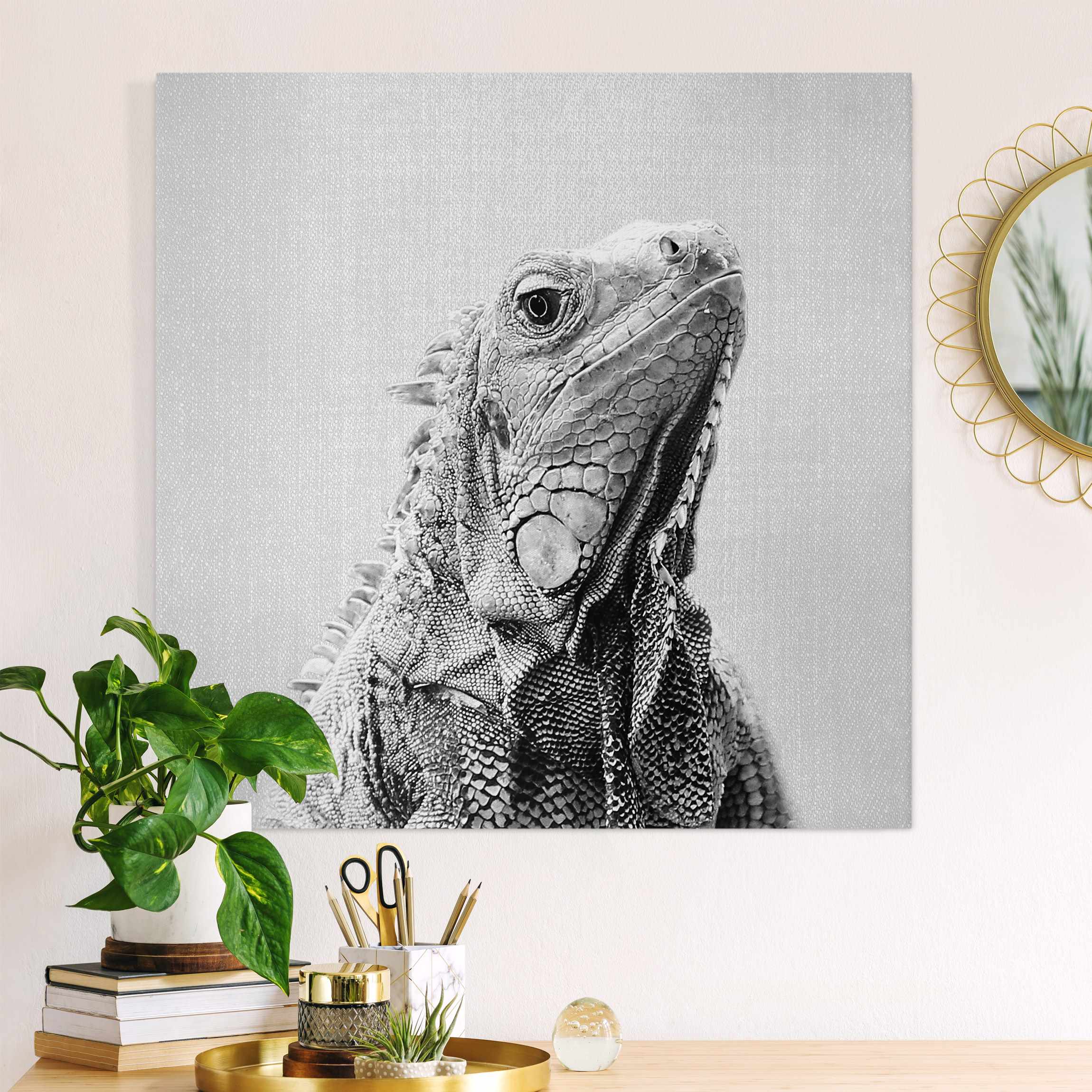 Leinwandbild Leguan Louis Schwarz Weiß