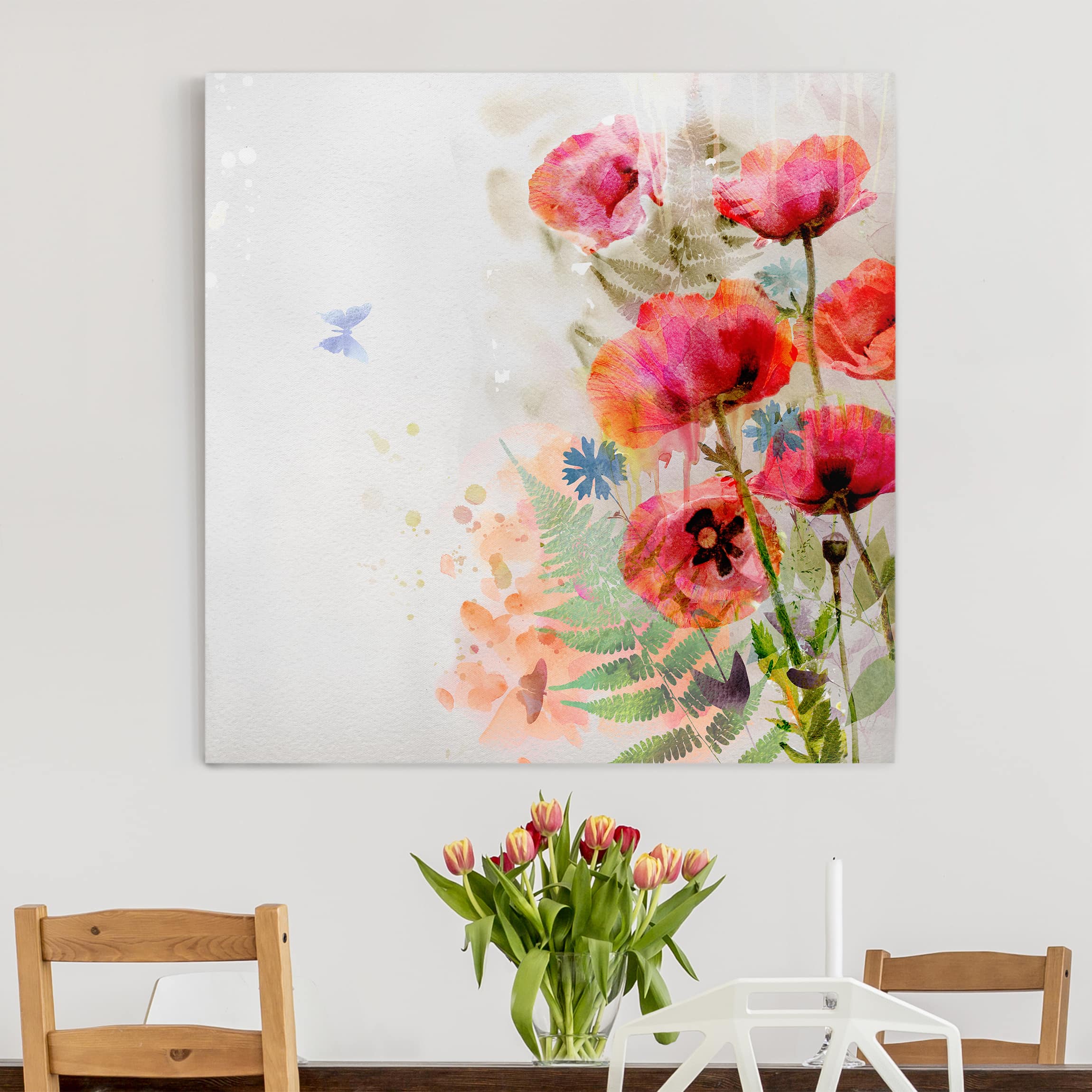 Leinwandbild - Quadrat Aquarell Blumen Mohn
