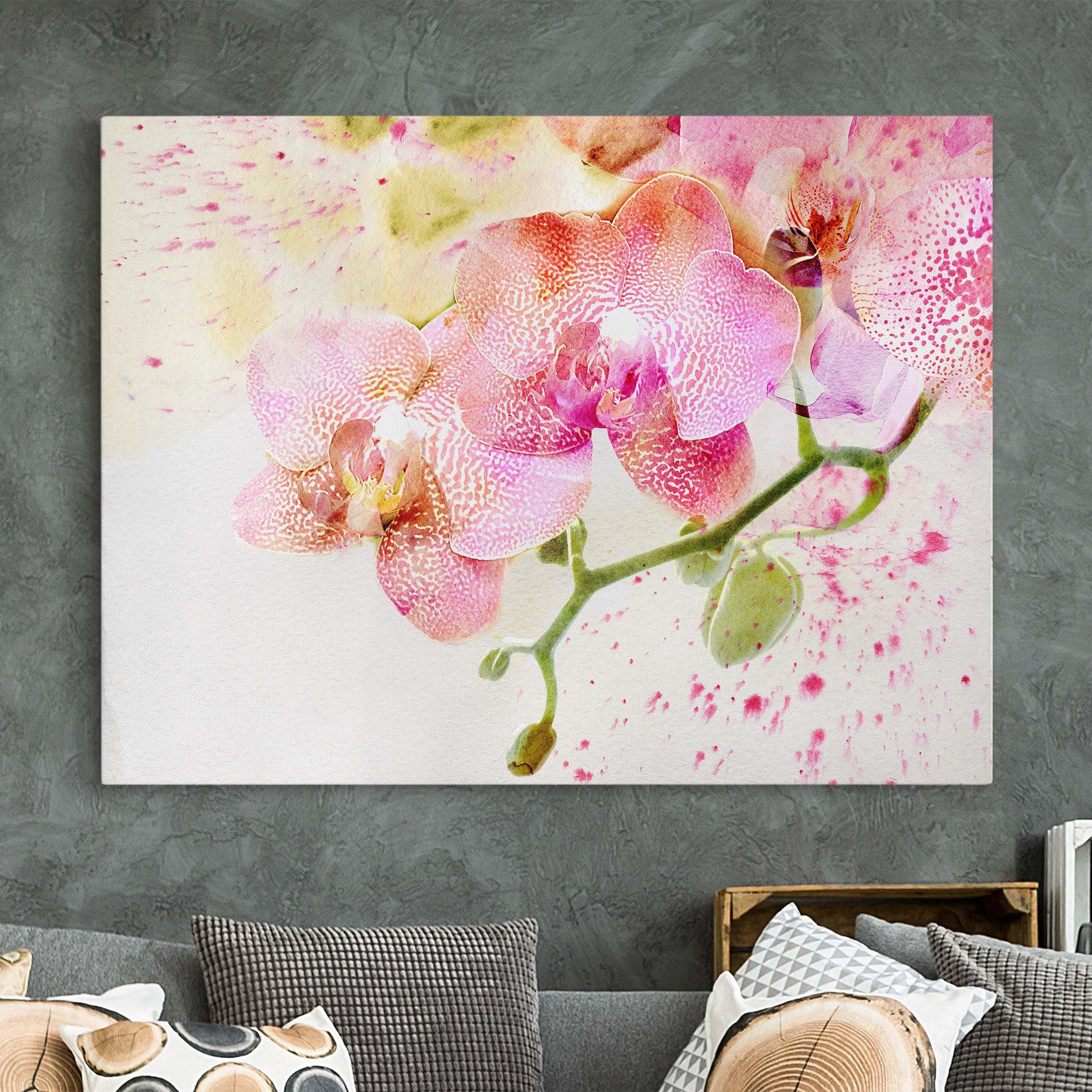 Leinwandbild - Querformat Aquarell Blumen Orchideen