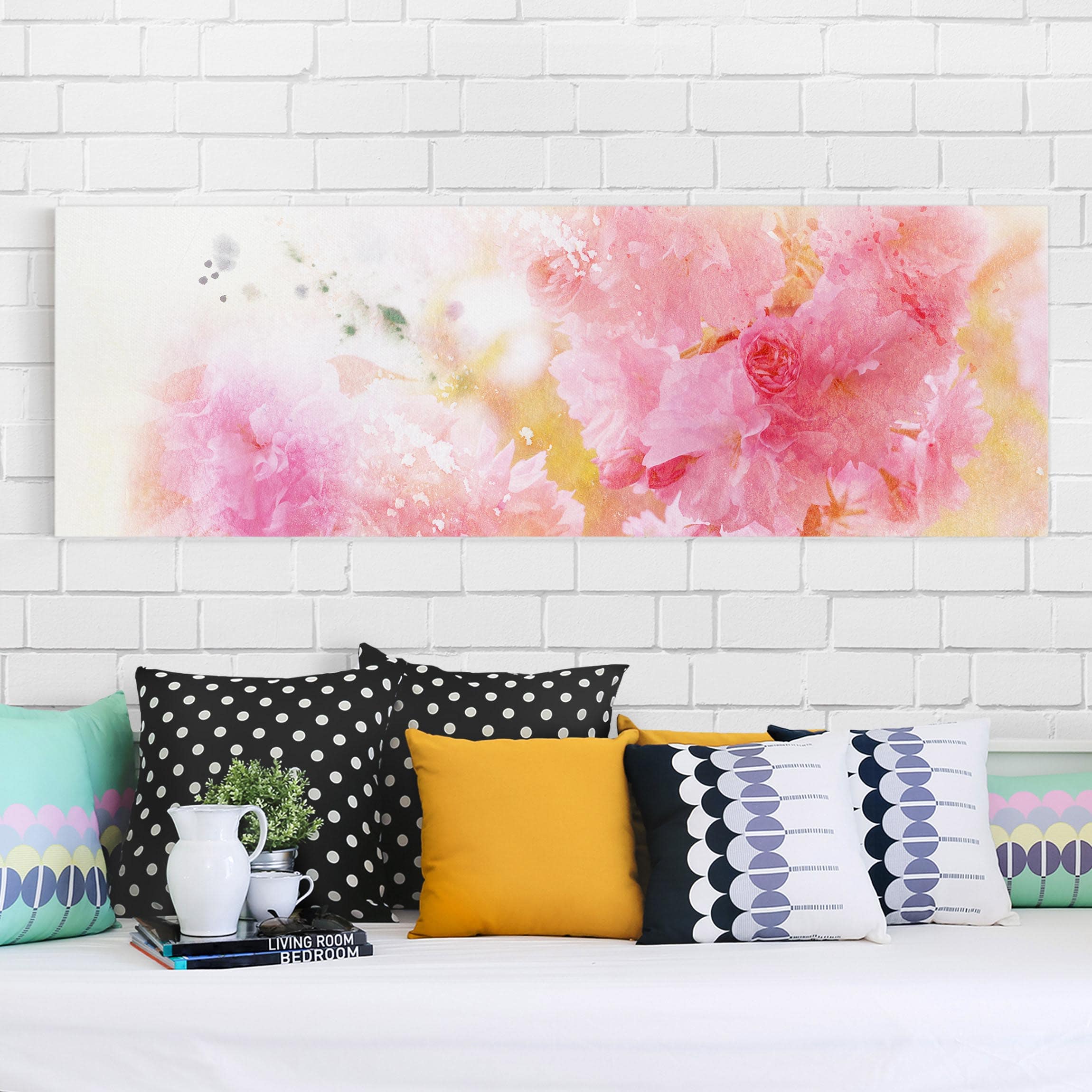 Leinwandbild - Panorama Aquarell Blumen Pfingstrosen