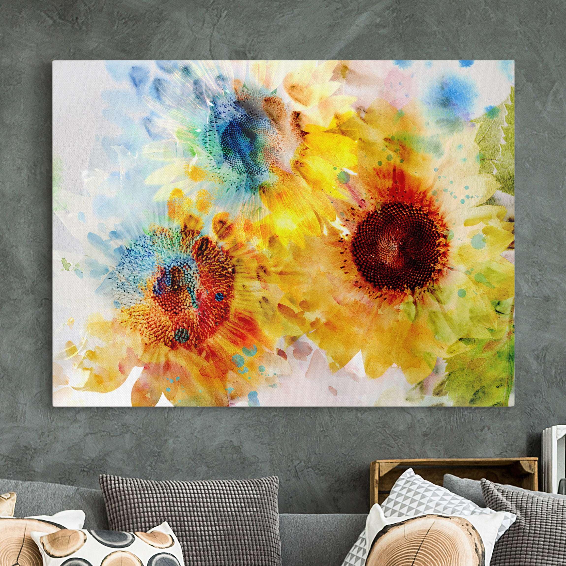 Leinwandbild - Querformat Aquarell Blumen Sonnenblumen