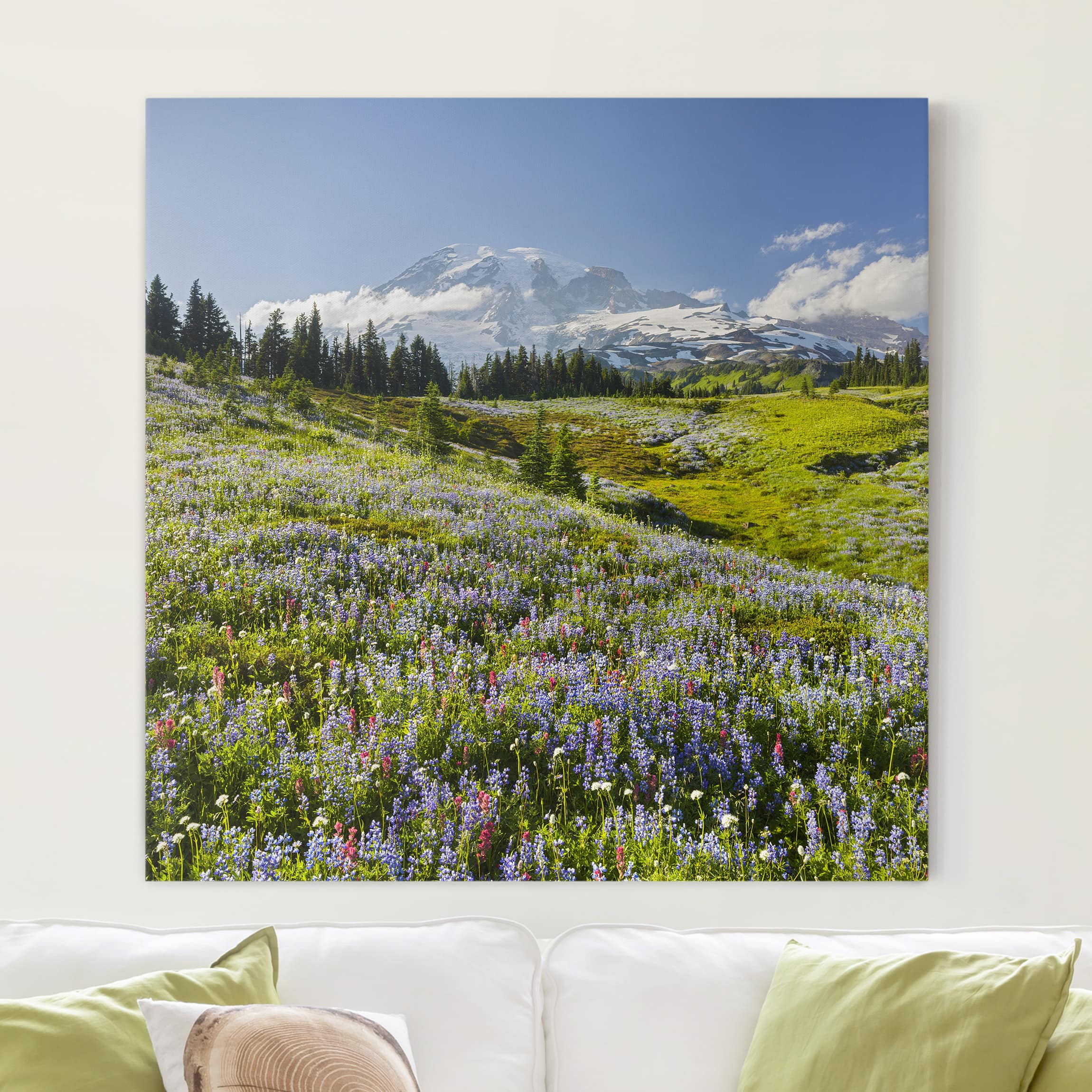Leinwandbild Berg Bergwiese mit roten Blumen vor Mt. Rainier
