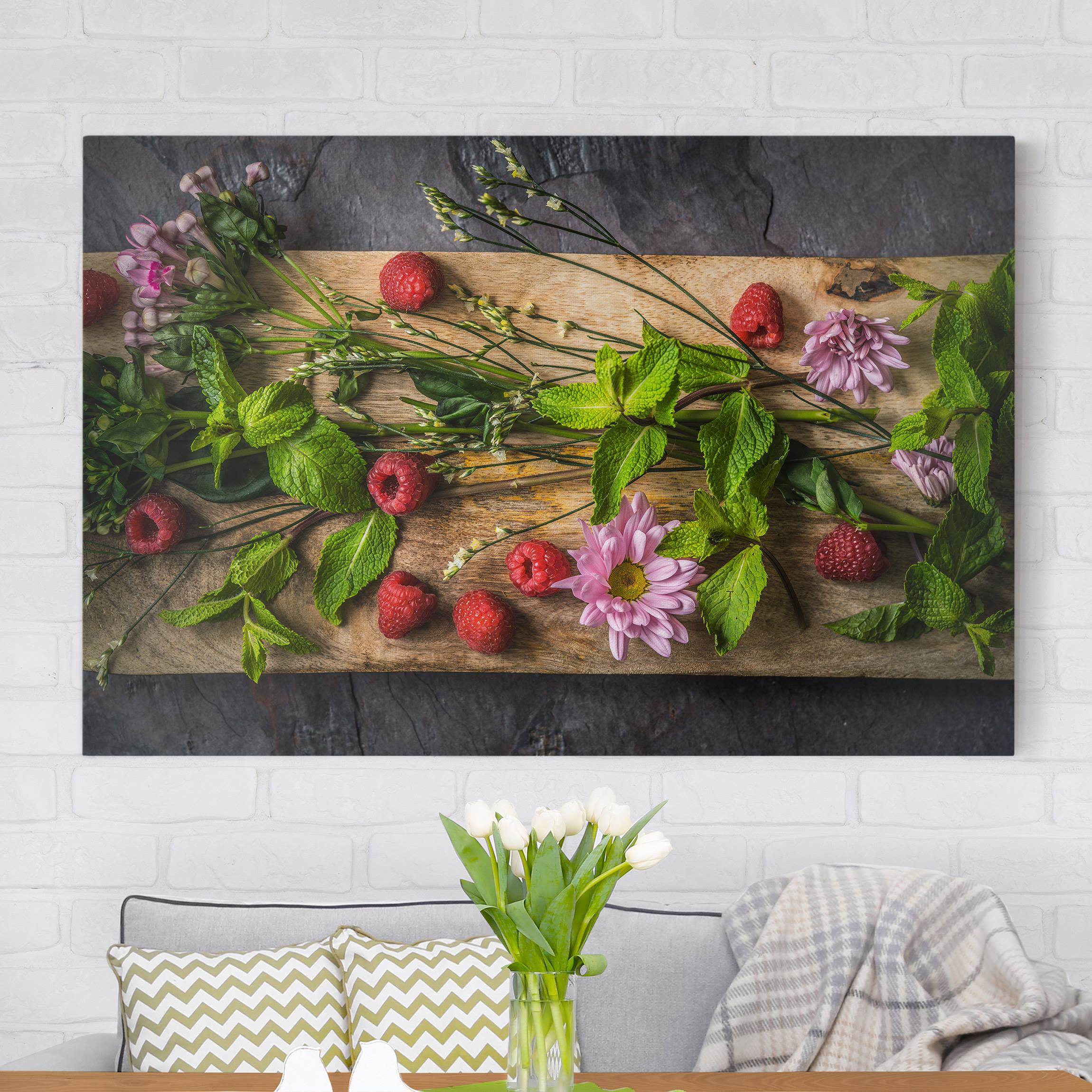 Leinwandbild Küche Blumen Himbeeren Minze