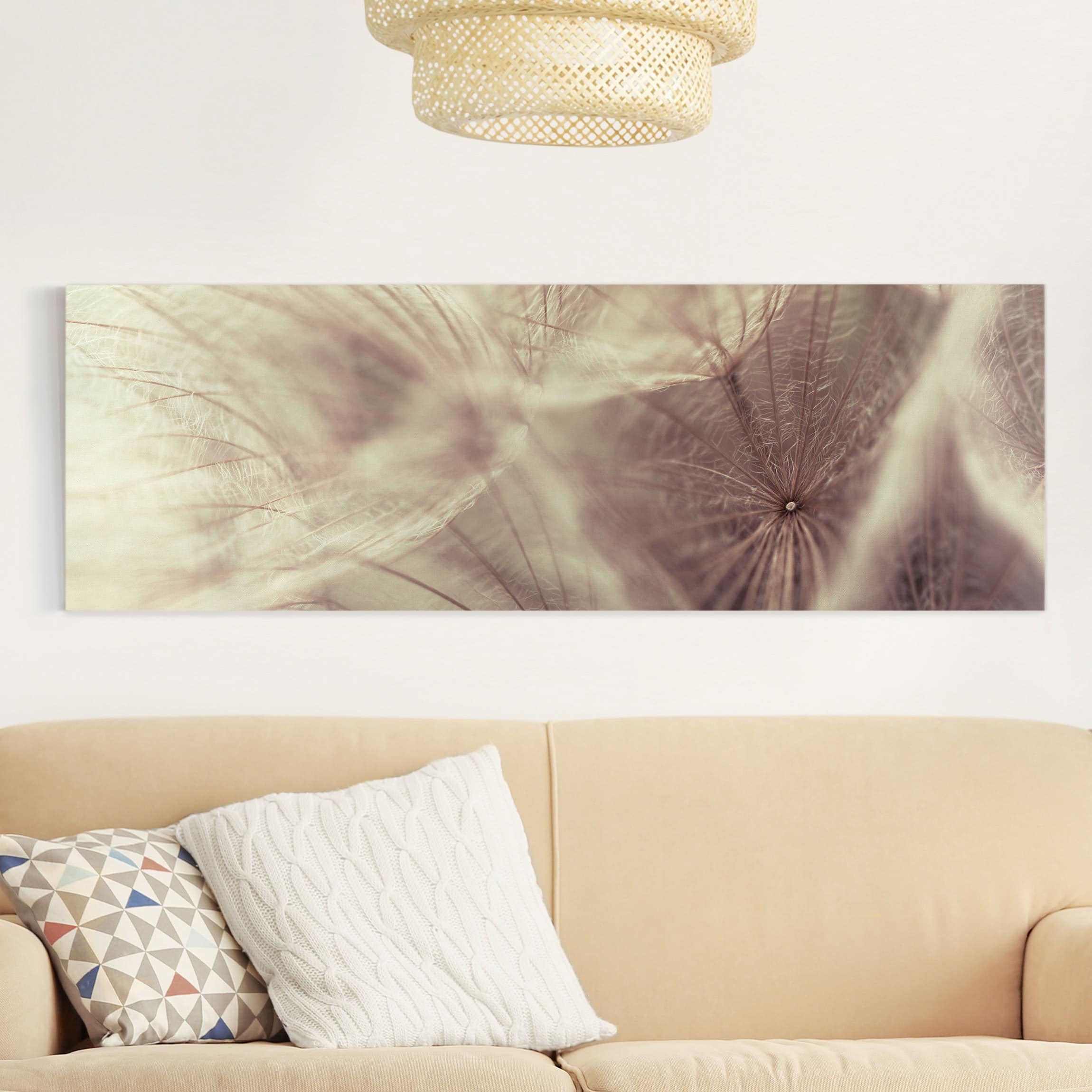 Leinwandbild - Panorama Detailreiche Pusteblumen Makroaufnahme mit Vintage Blur Effekt