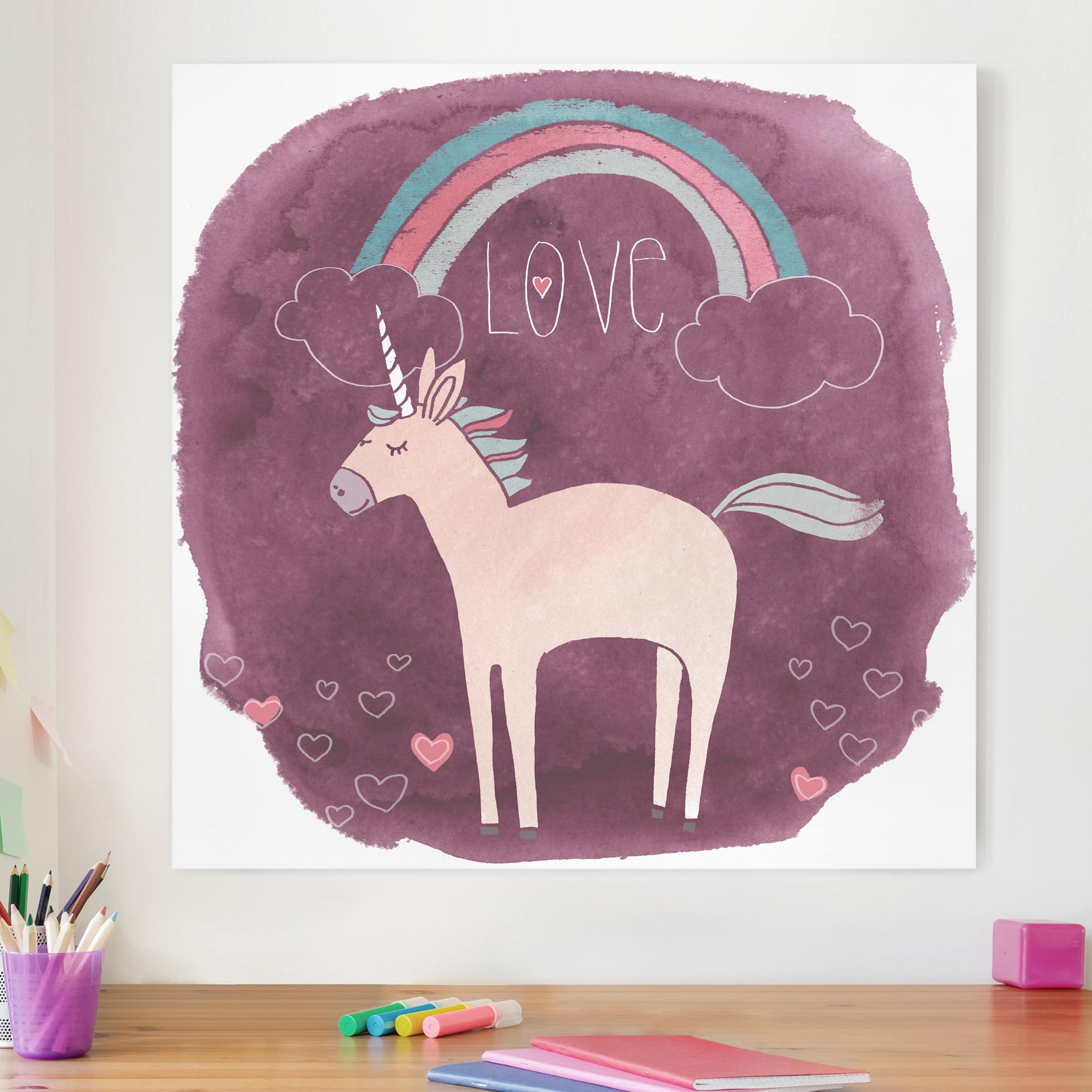 Leinwandbild - Quadrat Einhorn-Truppe - Love