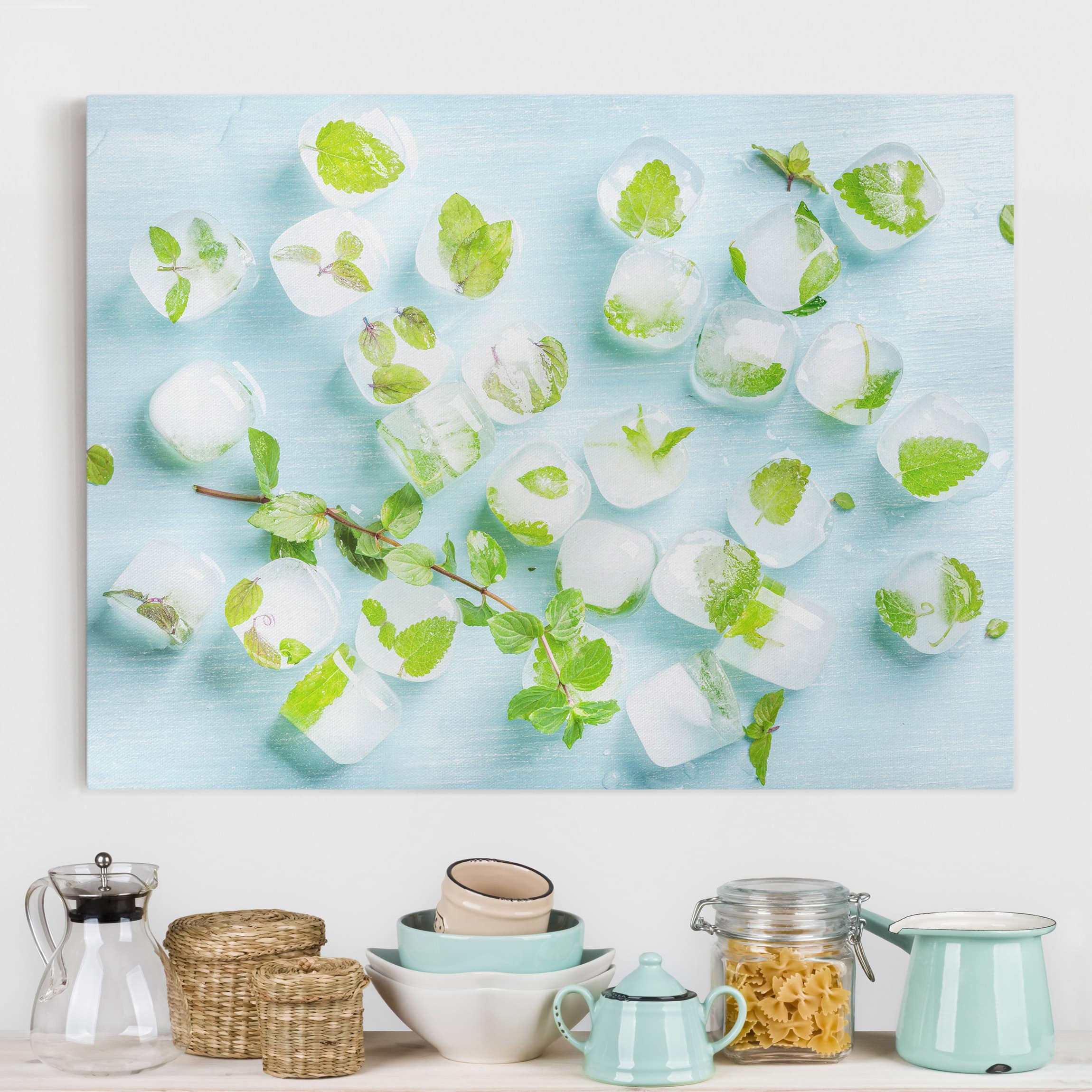 Leinwandbild Küche Eiswürfel mit Minzblättern