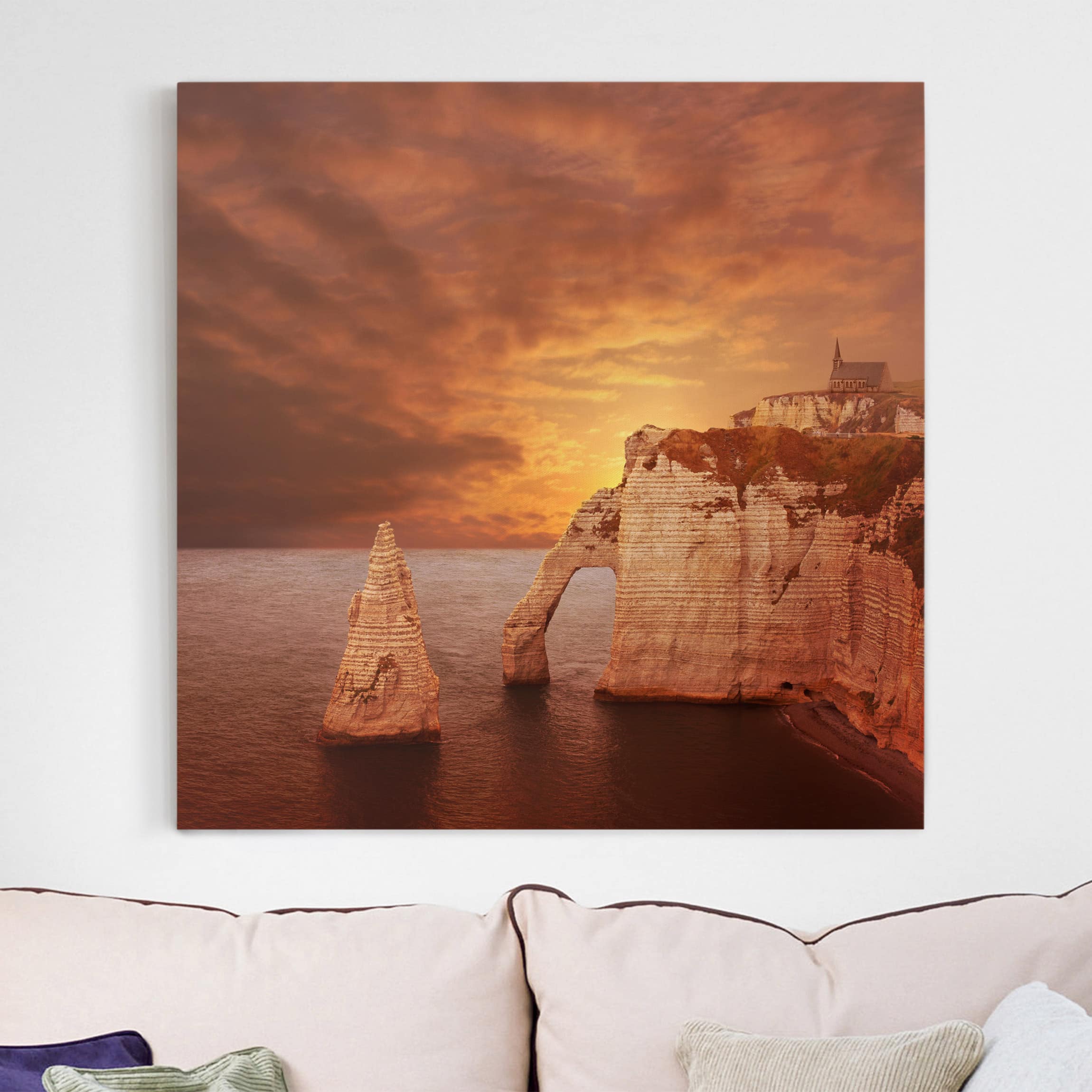 Leinwandbild - Quadrat Etretat Sunset Cliffs