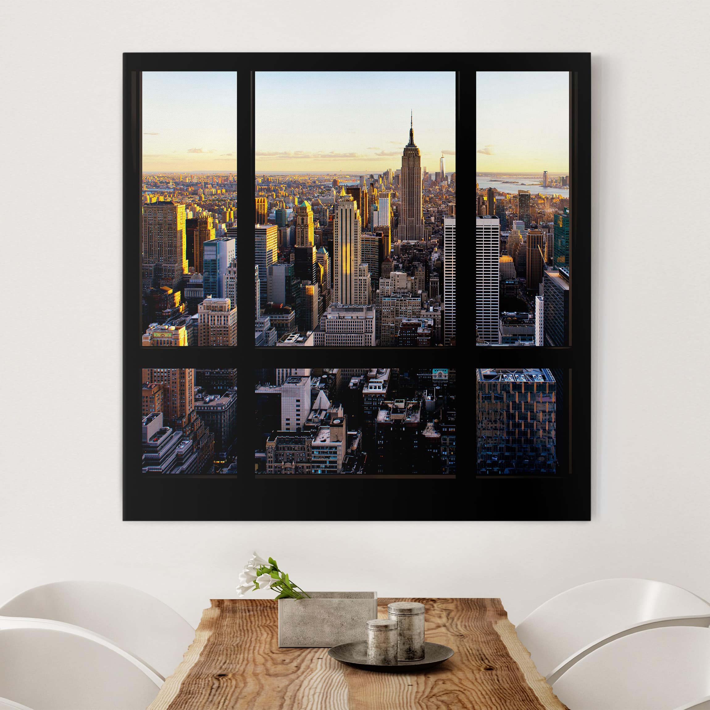 Leinwandbild - Quadrat Fensterblick am Abend über New York