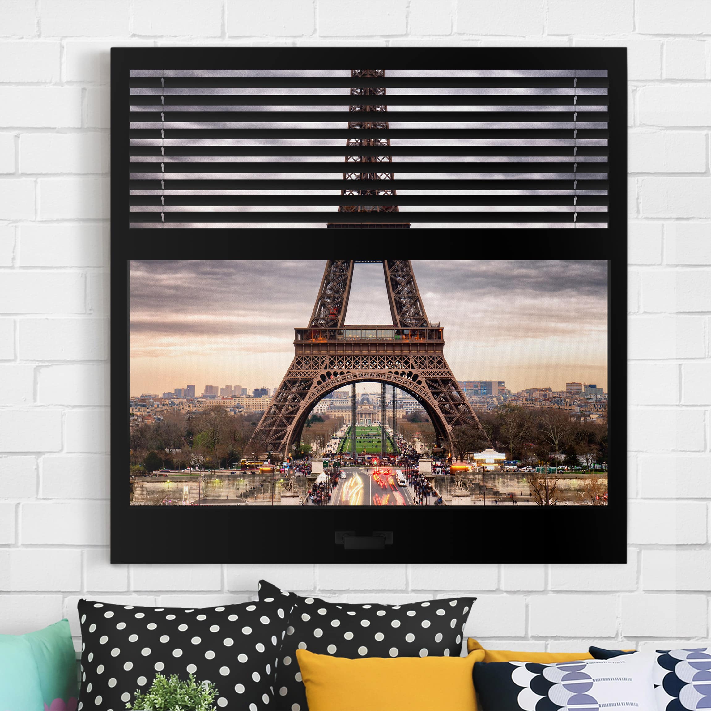 Leinwandbild - Quadrat Fensterblick Jalousie - Eiffelturm Paris