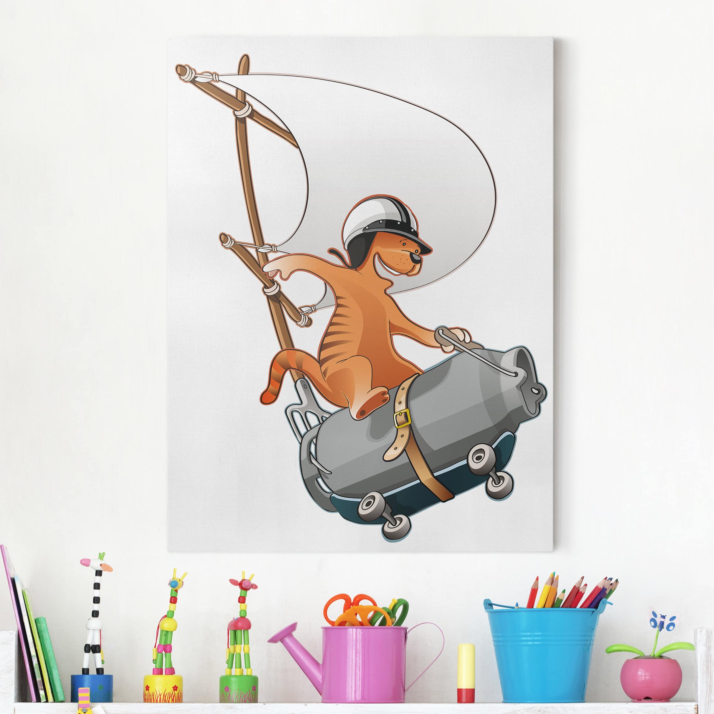 Leinwandbild - Hochformat Fliegender Bauernhof Katze mit Milchkanne