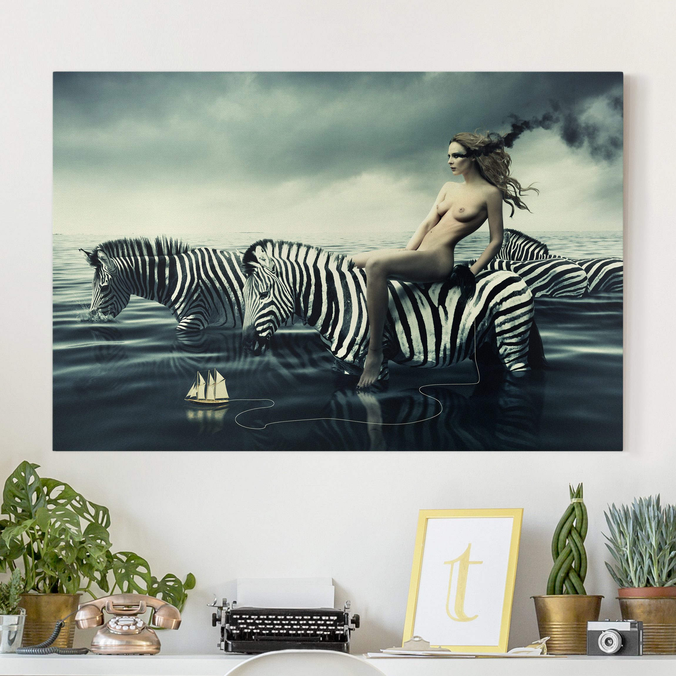 Leinwandbild Akt & Erotik Frauenakt mit Zebras