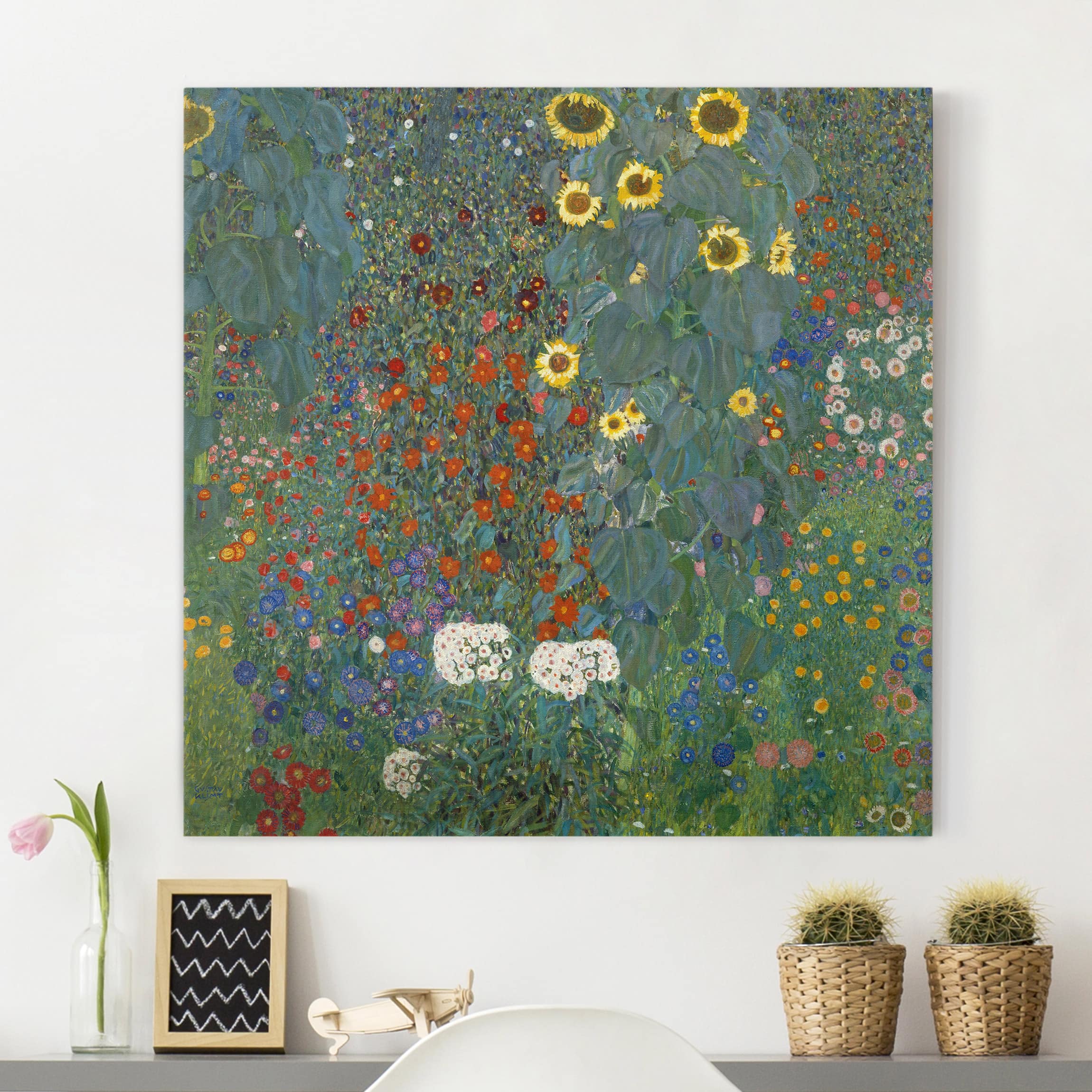 Leinwandbild - Quadrat Gustav Klimt - Garten Sonnenblumen