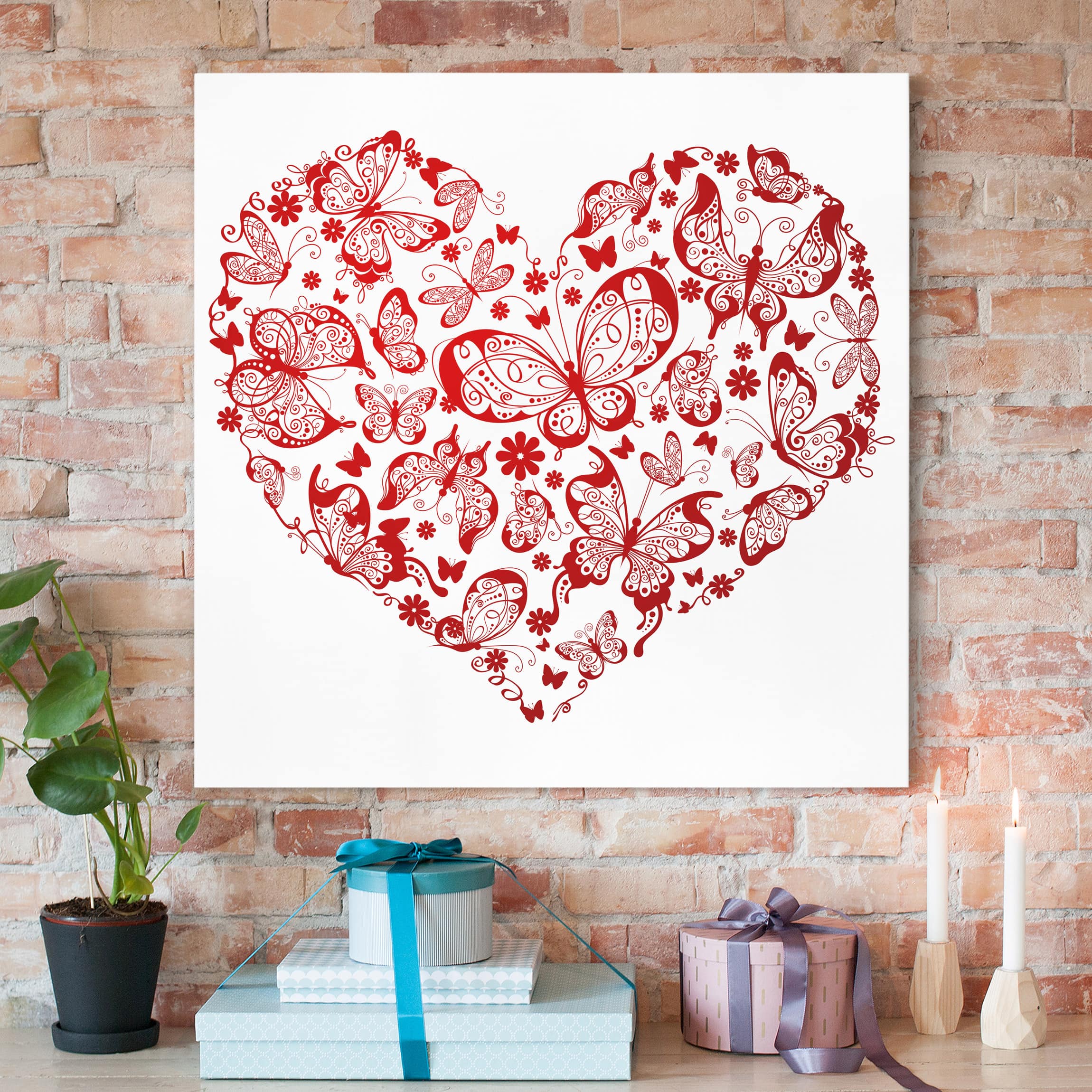 Leinwandbild - Quadrat Herz aus Schmetterlingen