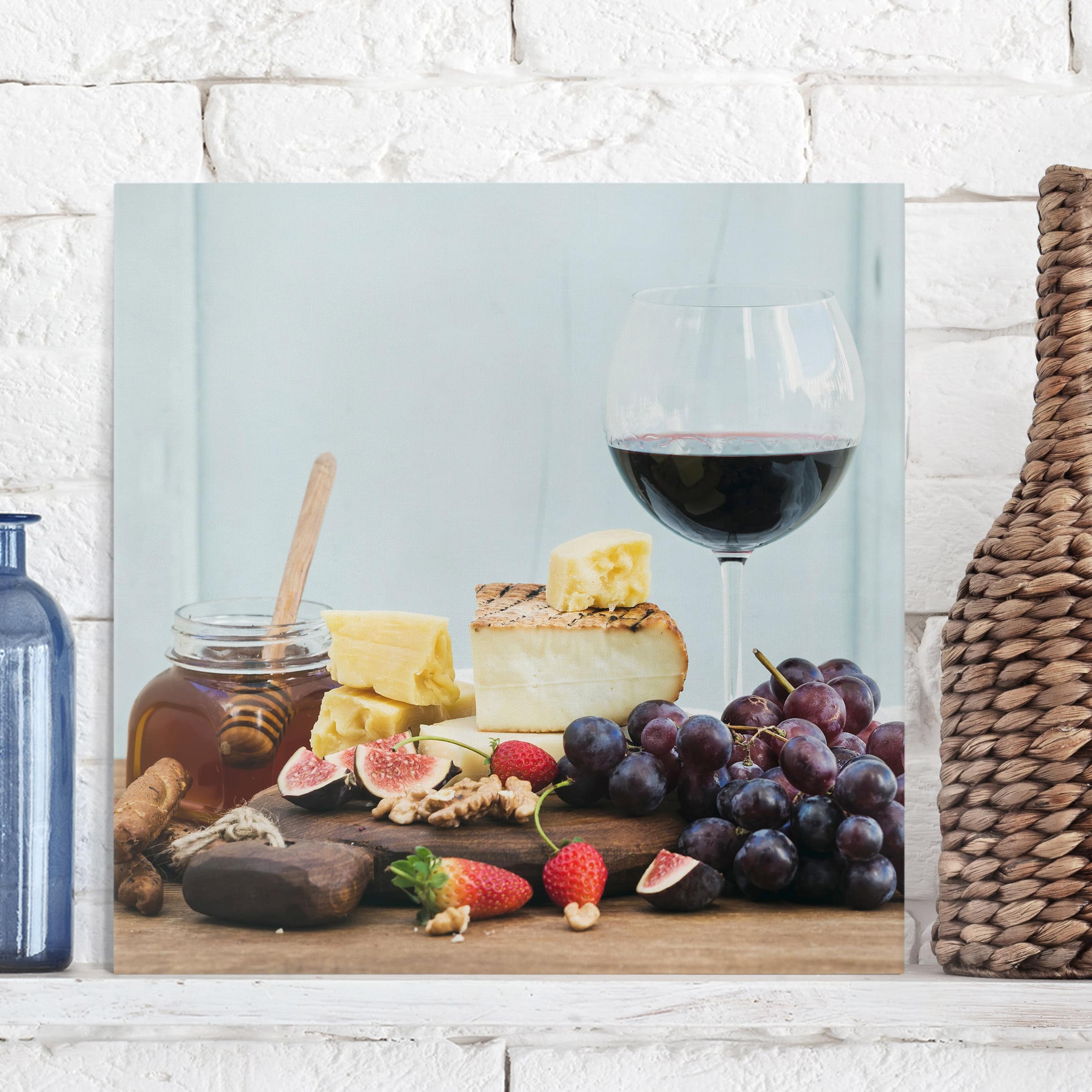 Leinwandbild - Quadrat Käse und Wein