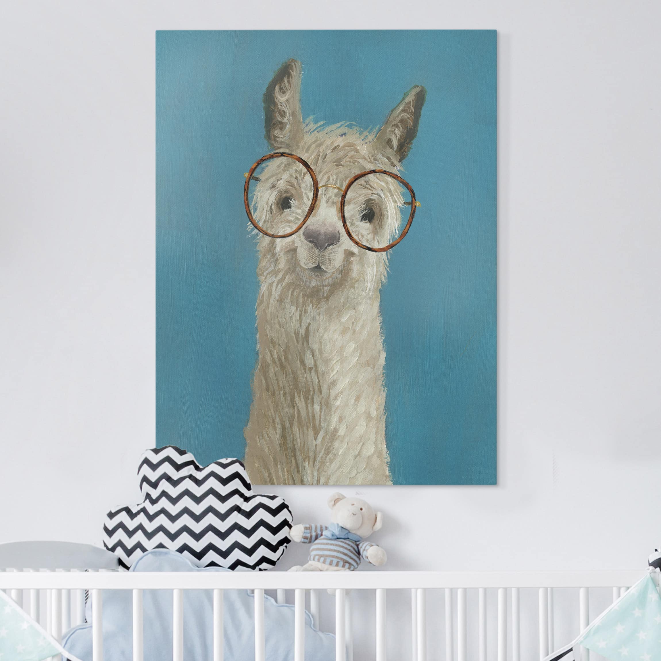 Leinwandbild - Hochformat Lama mit Brille I