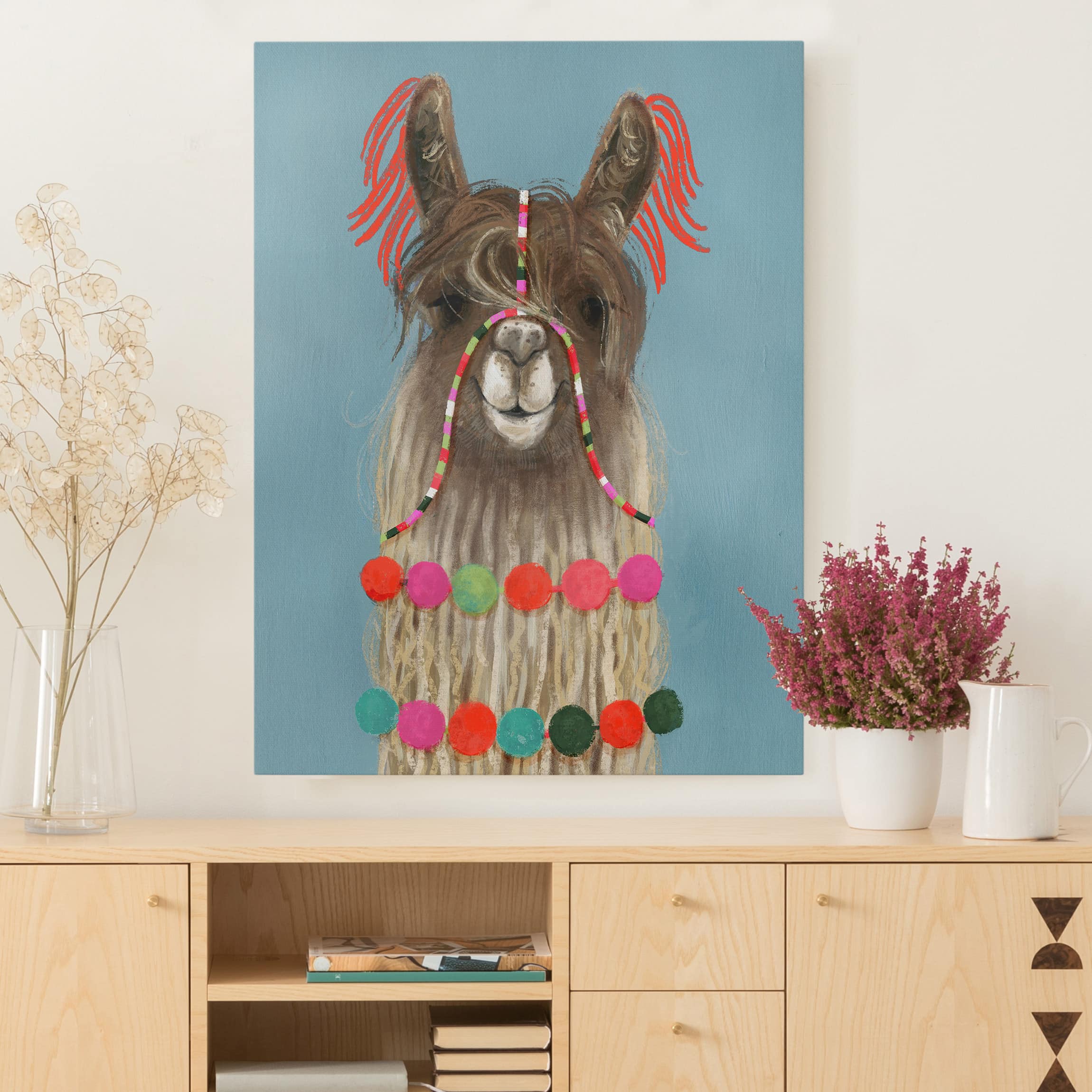 Leinwandbild Tiere Lama mit Schmuck I