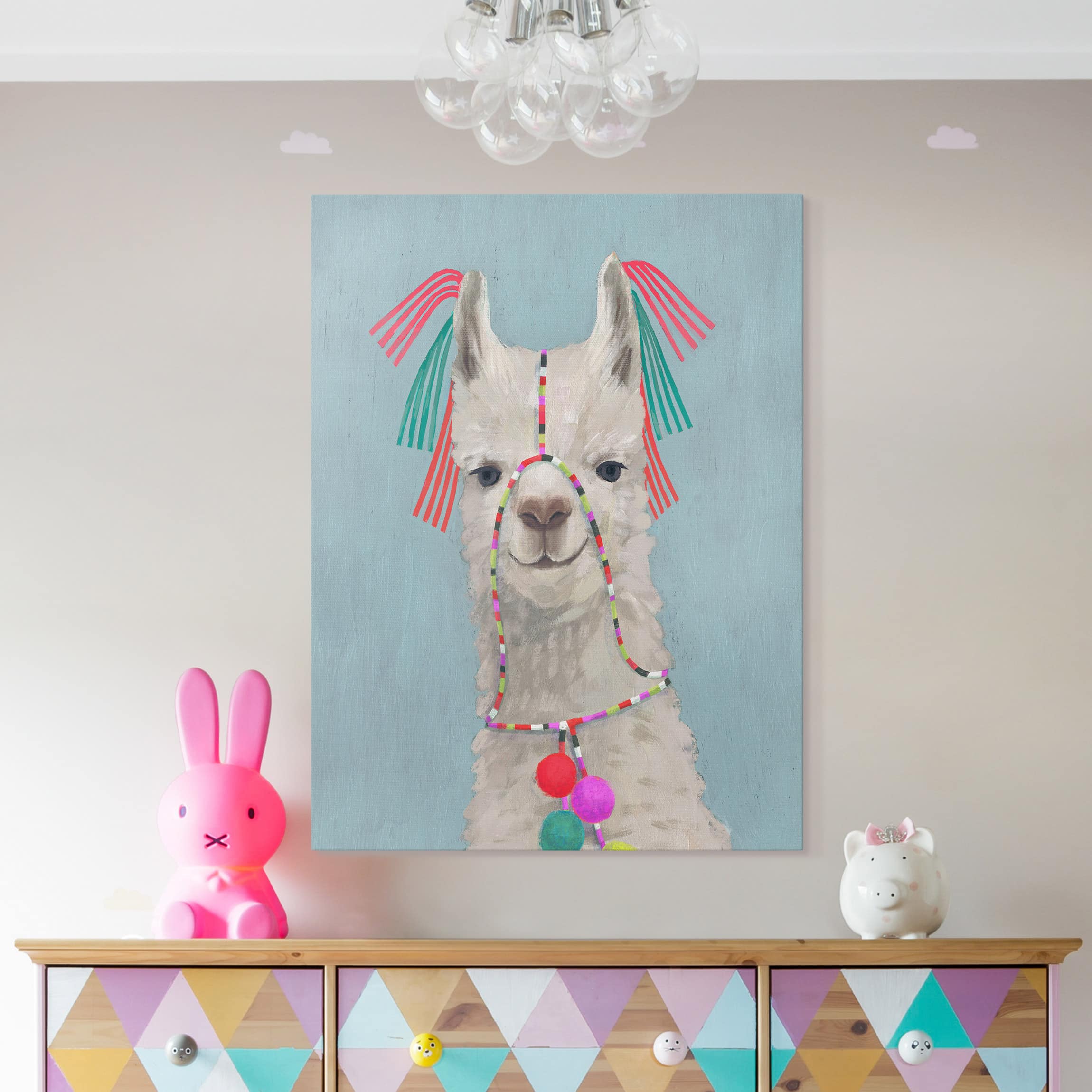 Leinwandbild - Hochformat Lama mit Schmuck II