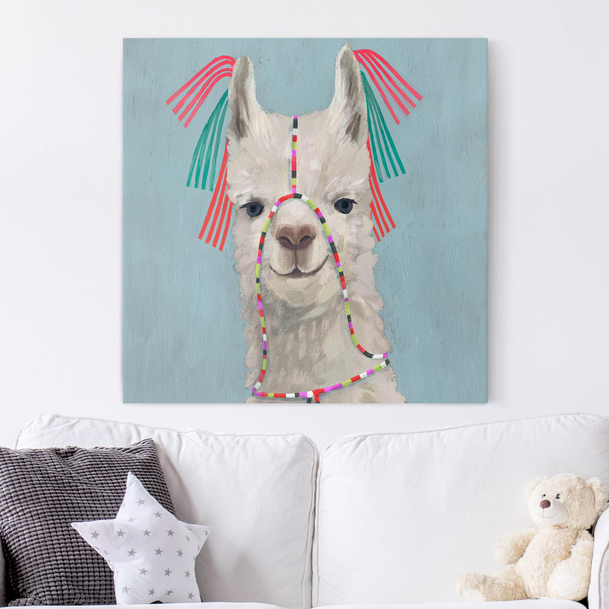 Leinwandbild - Quadrat Lama mit Schmuck II