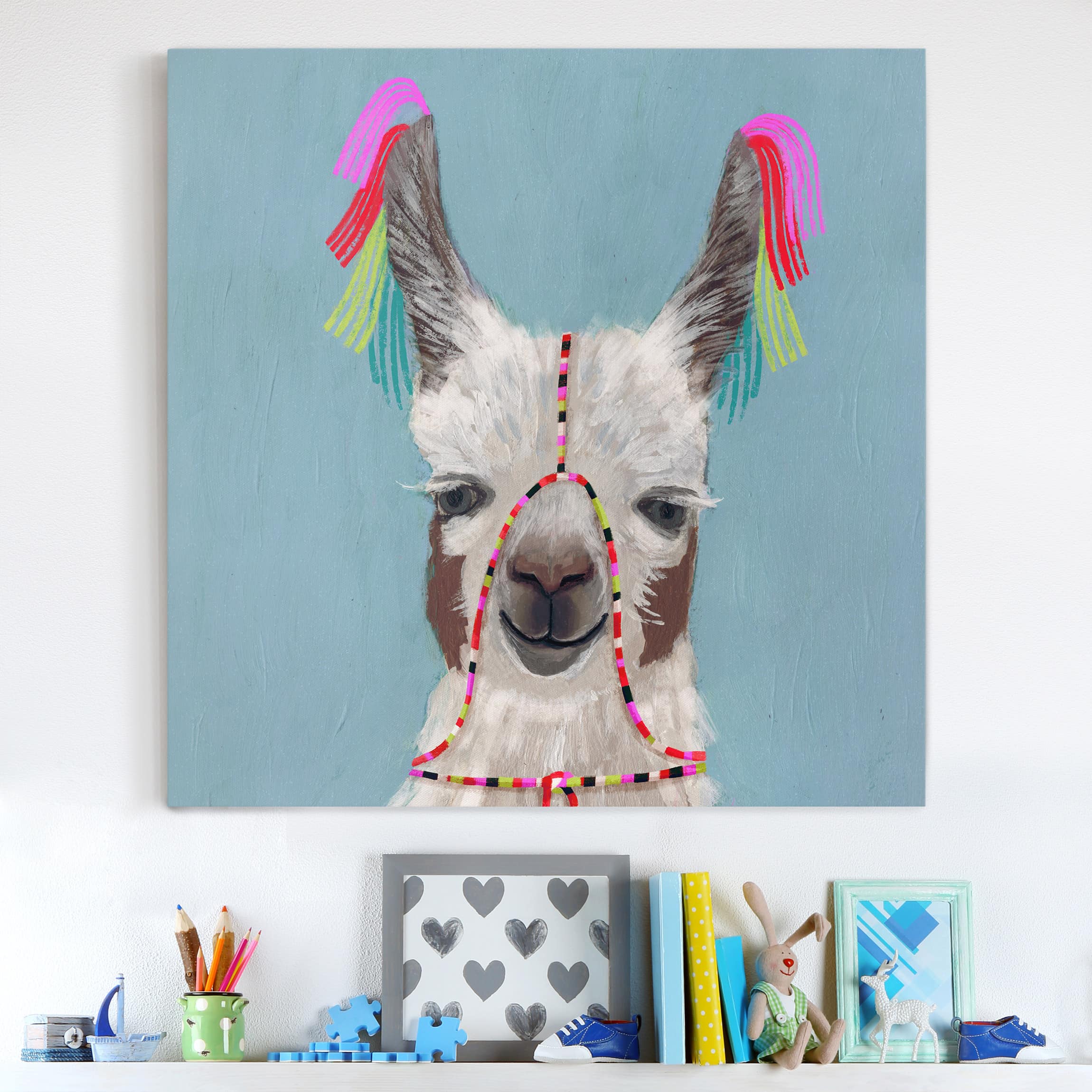 Leinwandbild - Quadrat Lama mit Schmuck III