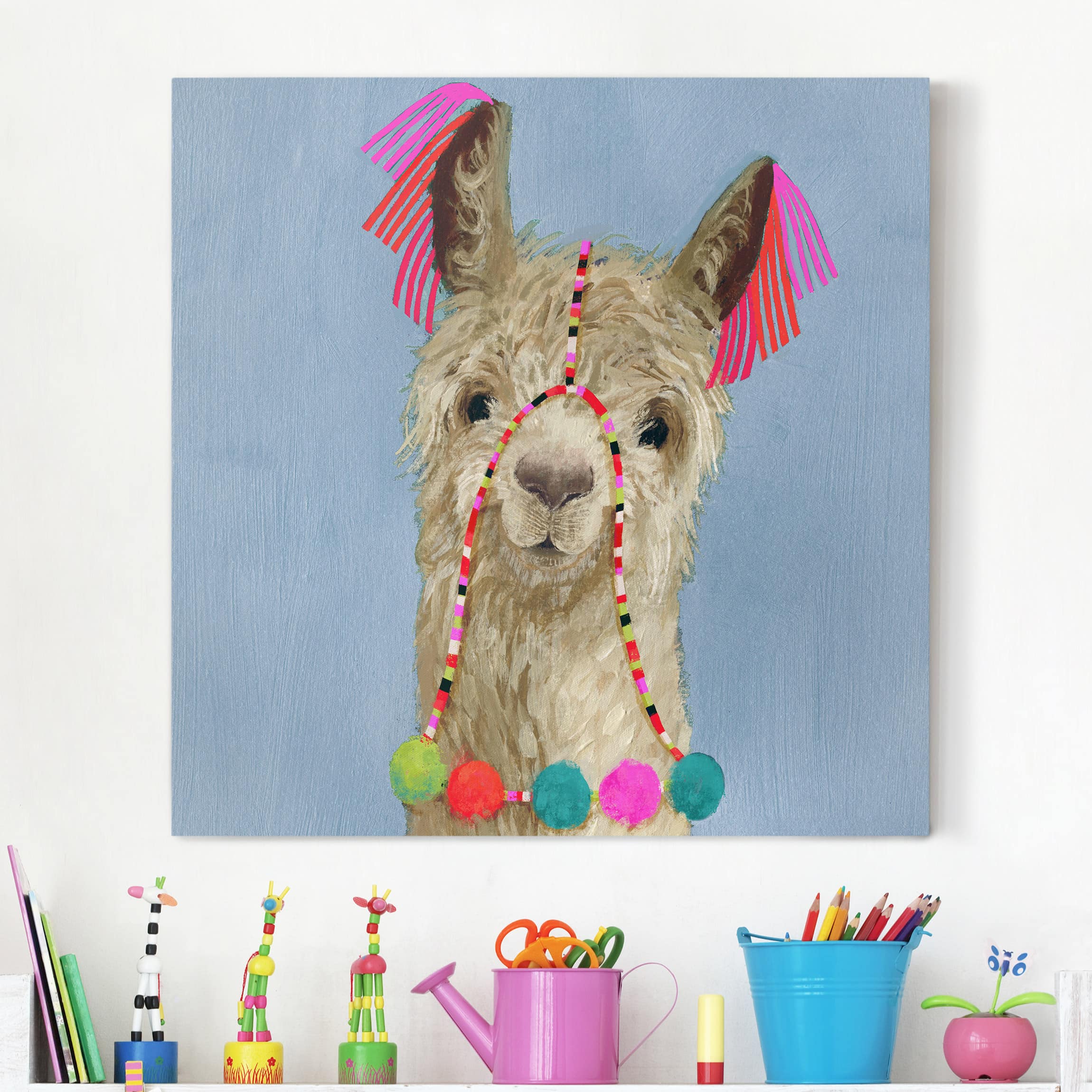 Leinwandbild - Quadrat Lama mit Schmuck IV