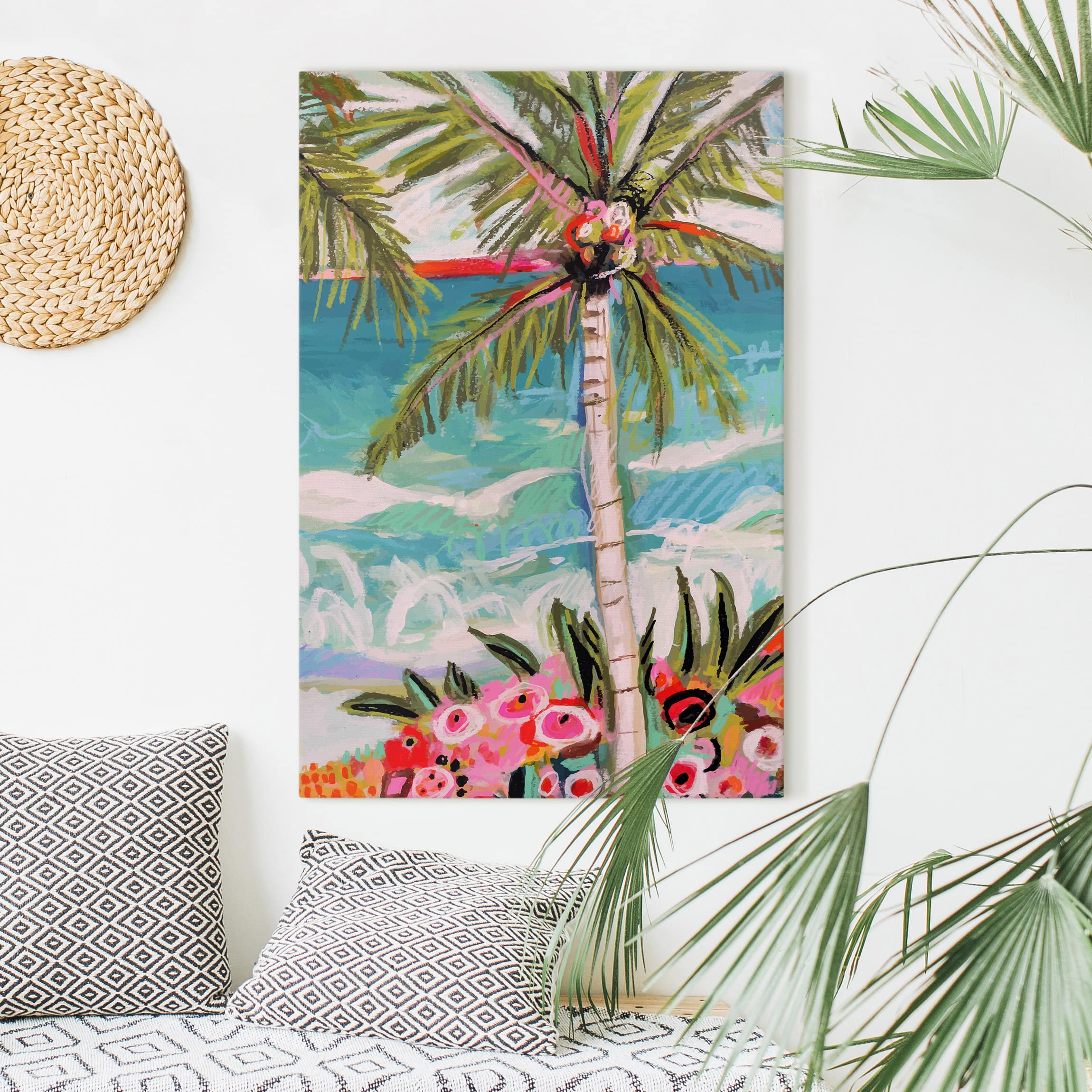 Leinwandbild - Hochformat Palme mit pinken Blumen II