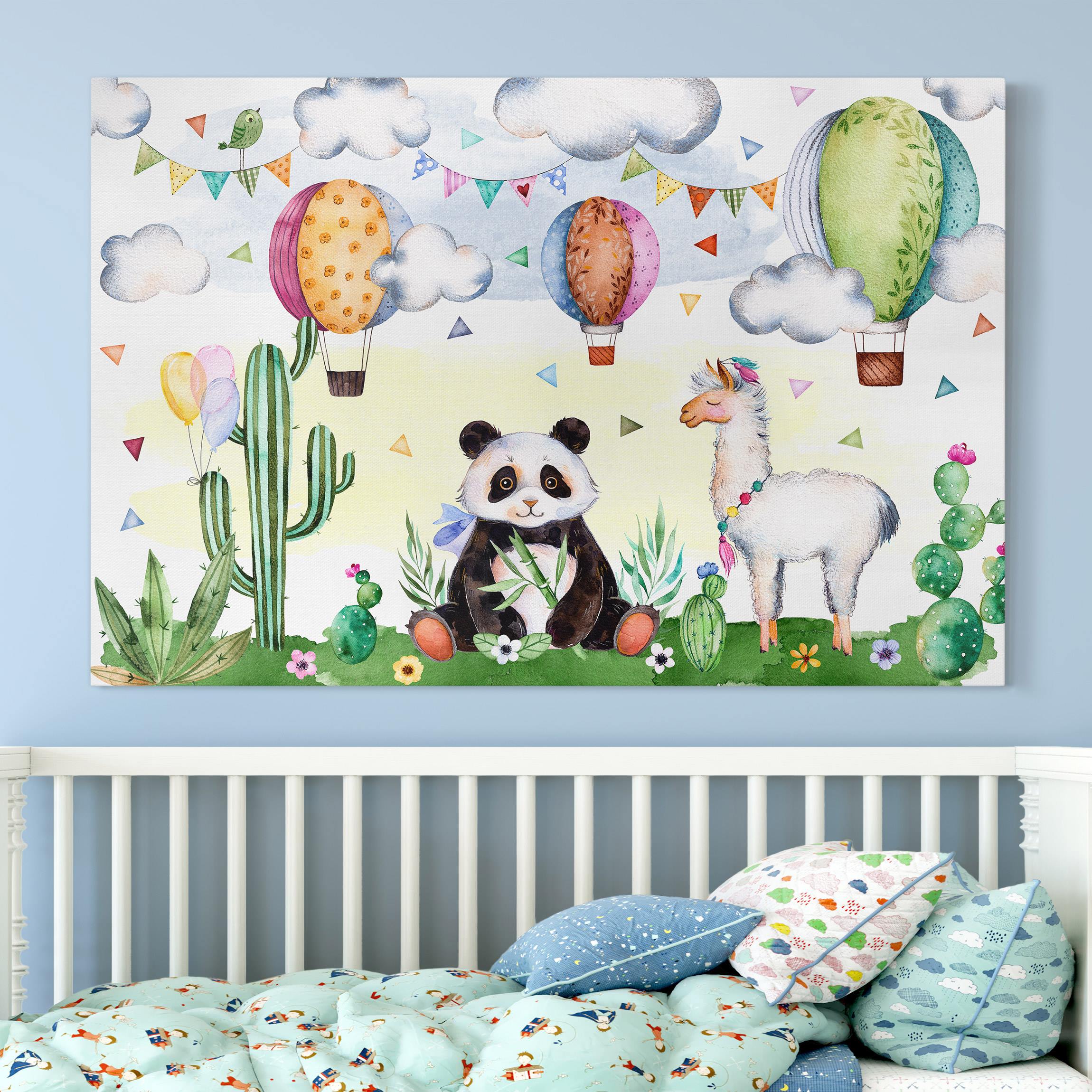 Leinwandbild - Querformat Panda und Lama Aquarell
