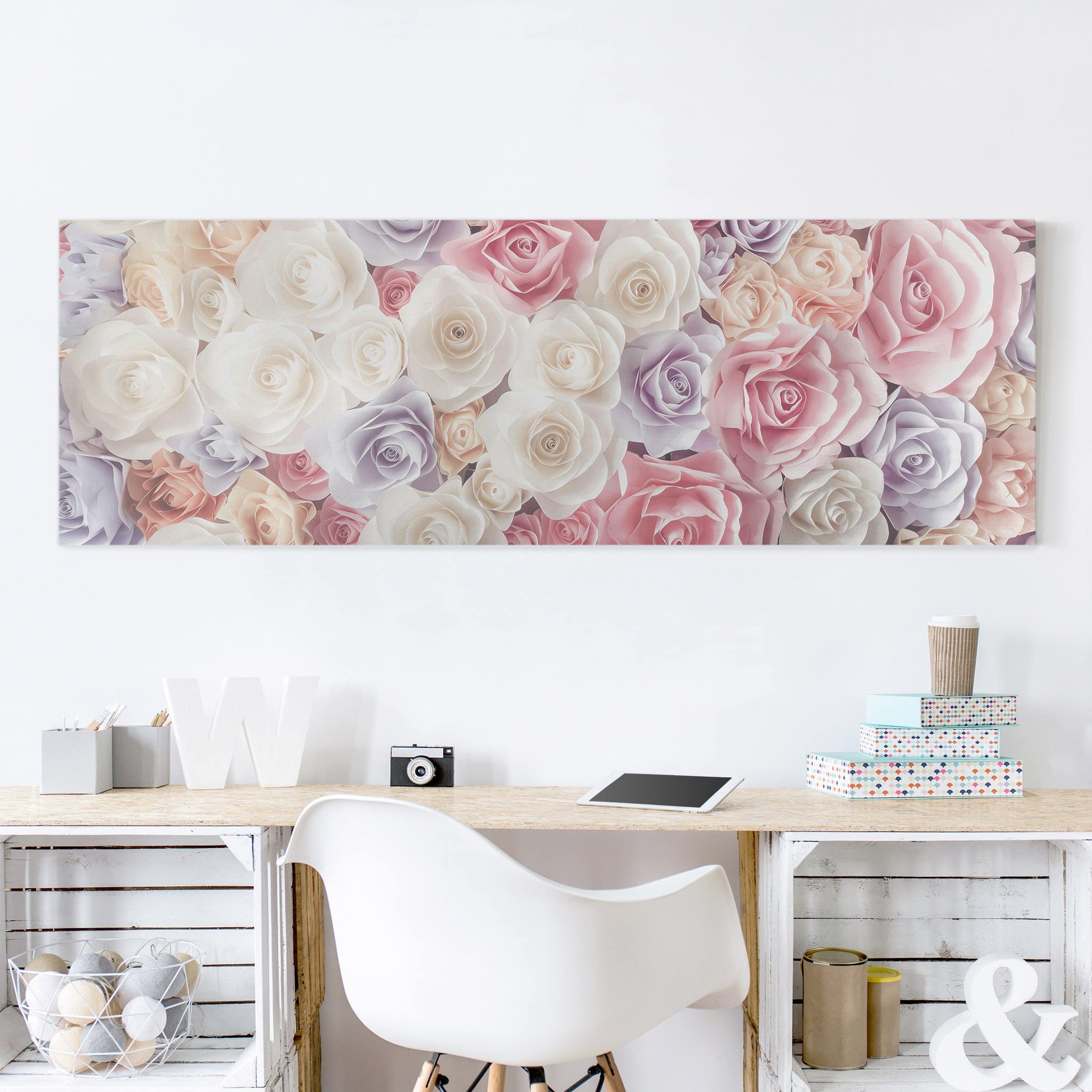 Leinwandbild - Panorama Pastell Paper Art Rosen