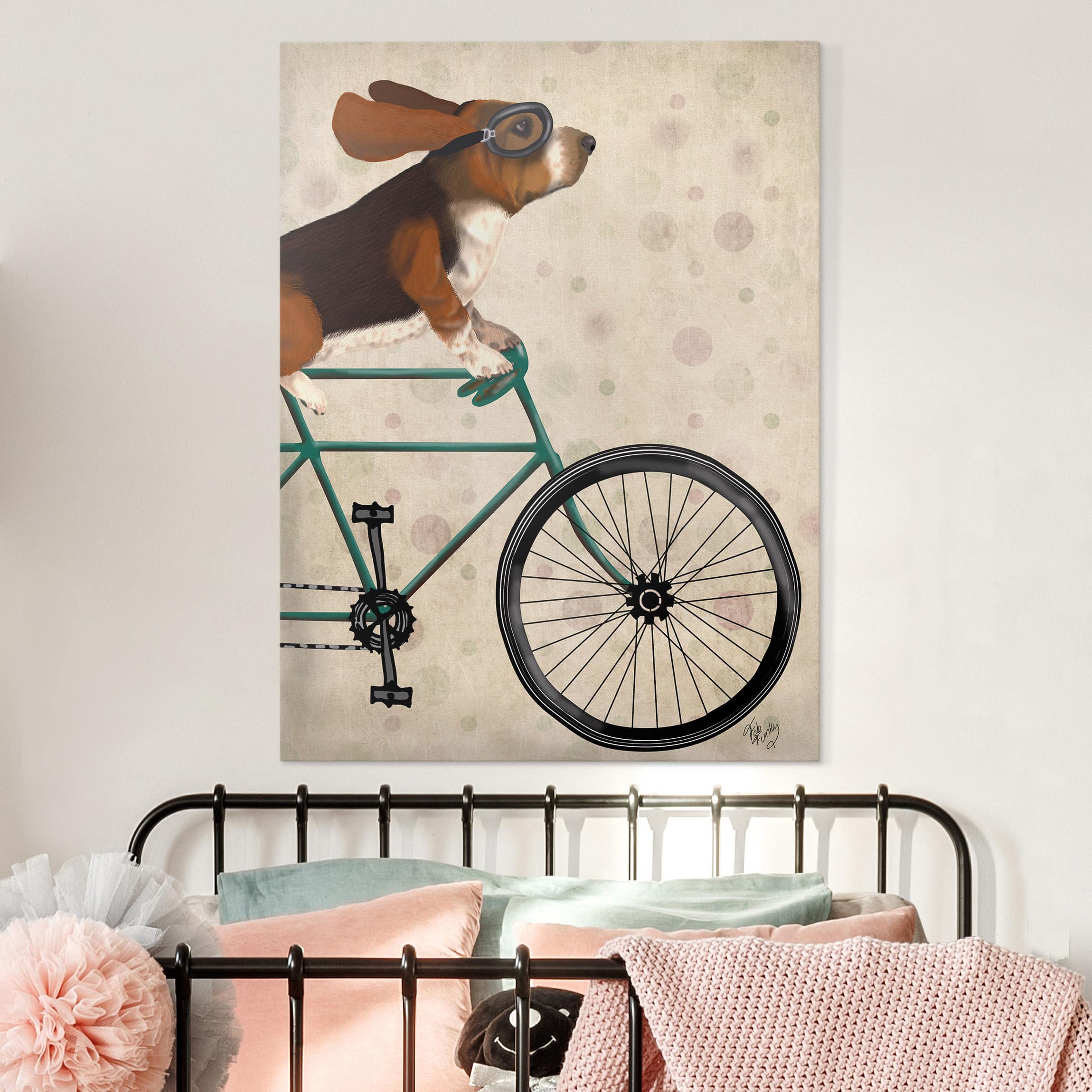 Leinwandbild Kinderzimmer Radtour - Basset auf Fahrrad